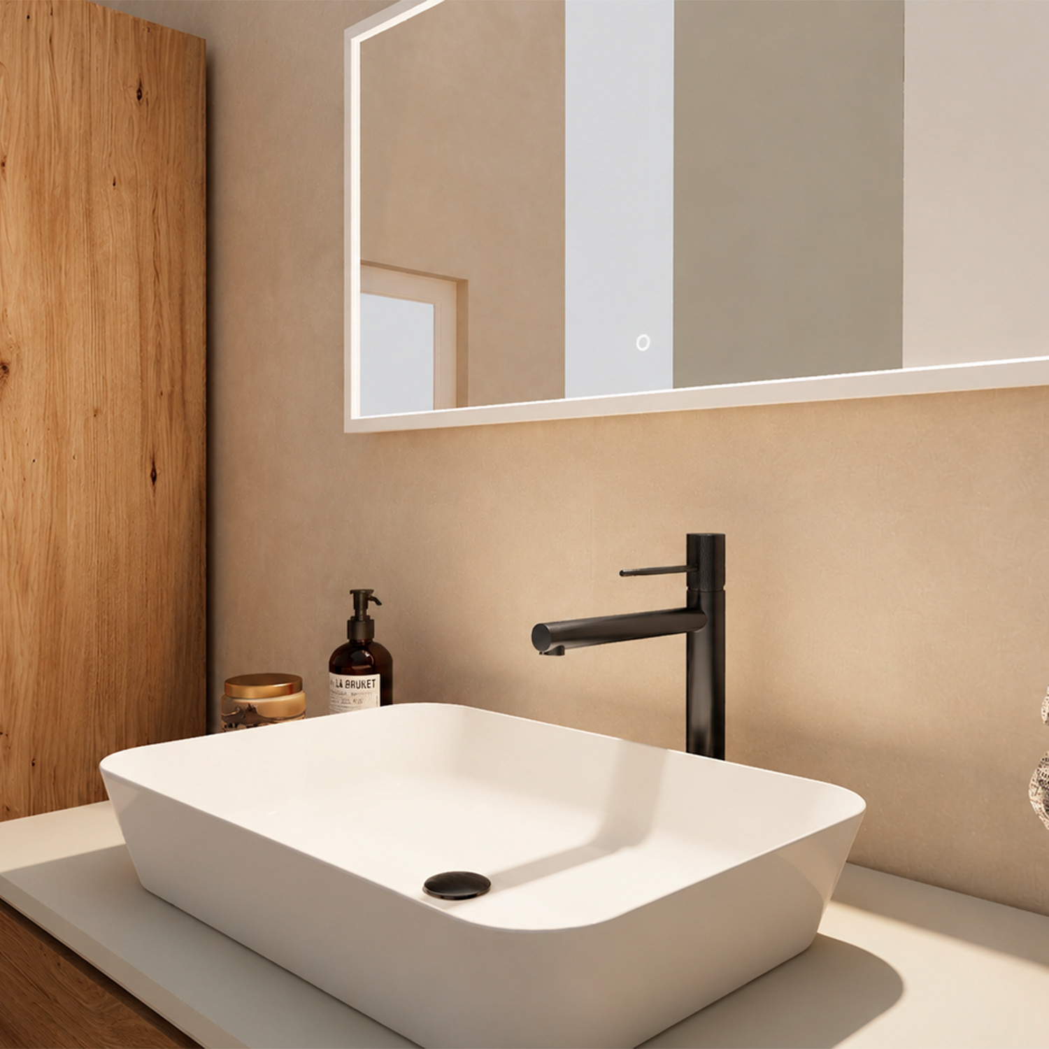 A modern white rectangular vessel sink with a matte black single-handle faucet, set against a warm beige textured wall under a large lighted mirror.