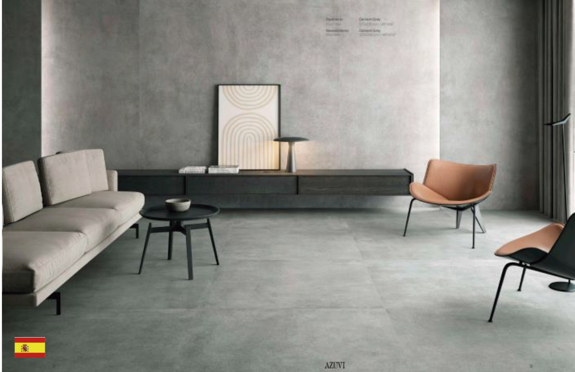 Interior design featuring a modern living room with gray flooring, white and gray sofas, black chairs, and a contemporary coffee table.