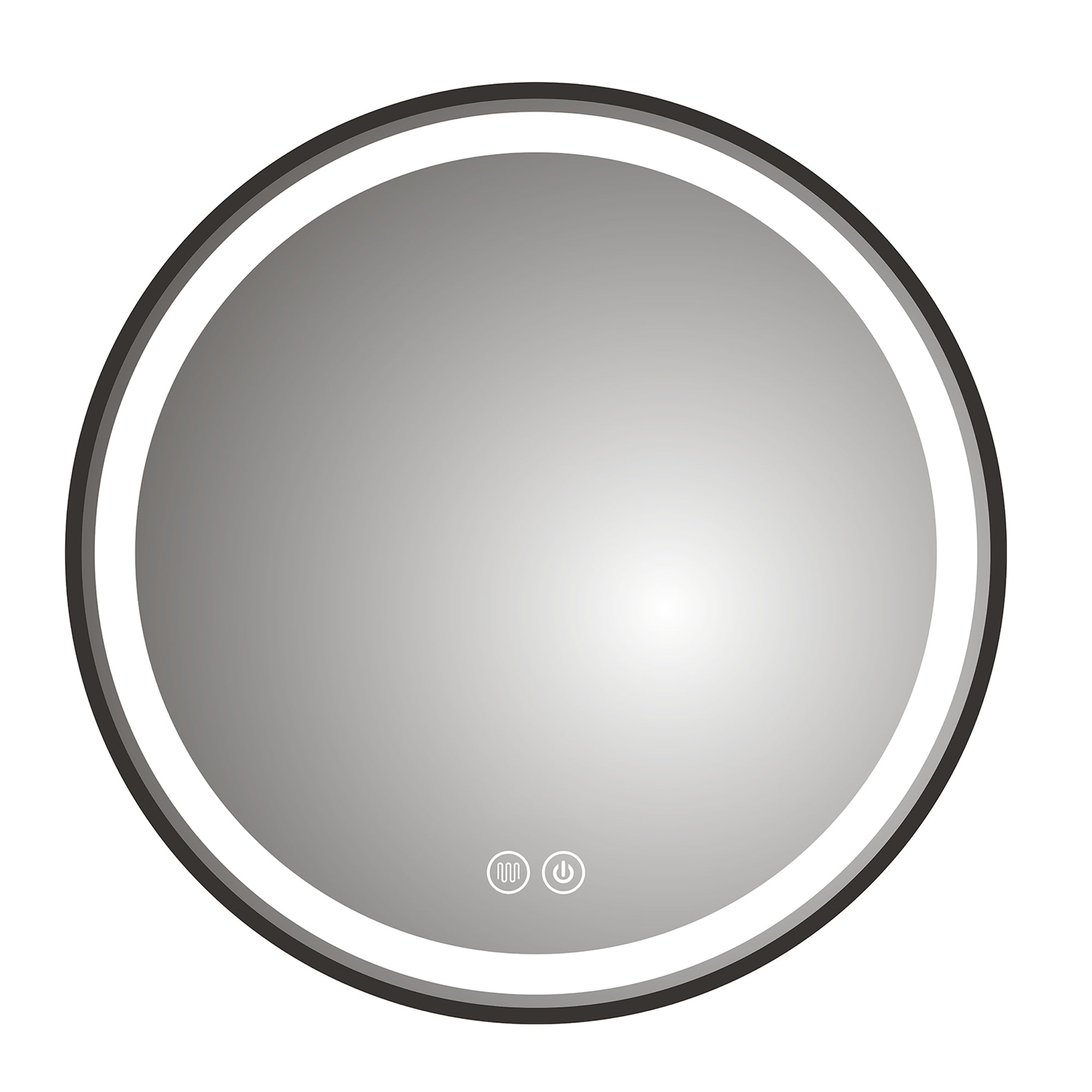 Round illuminated bathroom mirror with a black frame on a white background