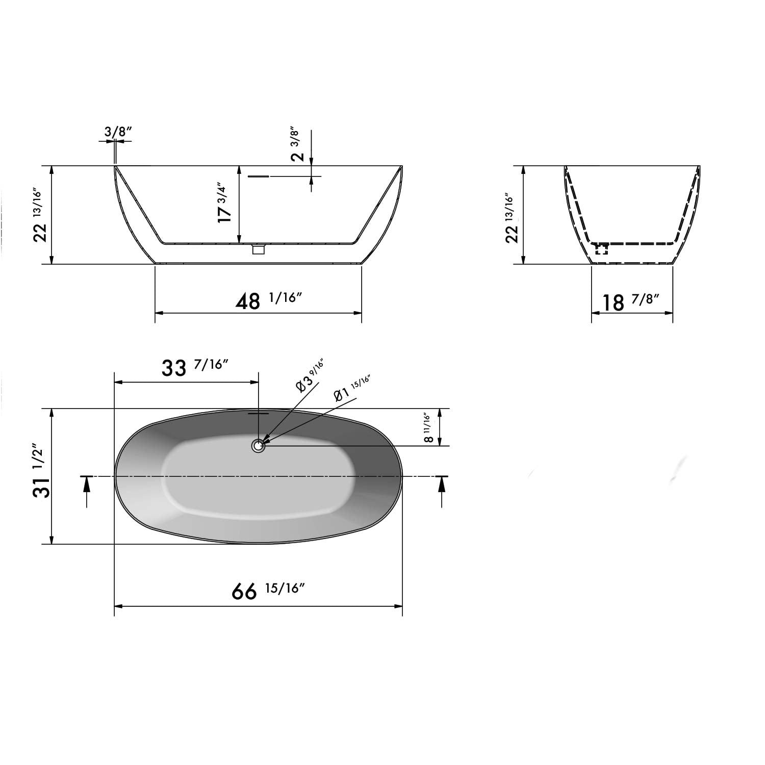 DAX COMO collection matte finish bathtub 67" x 32"