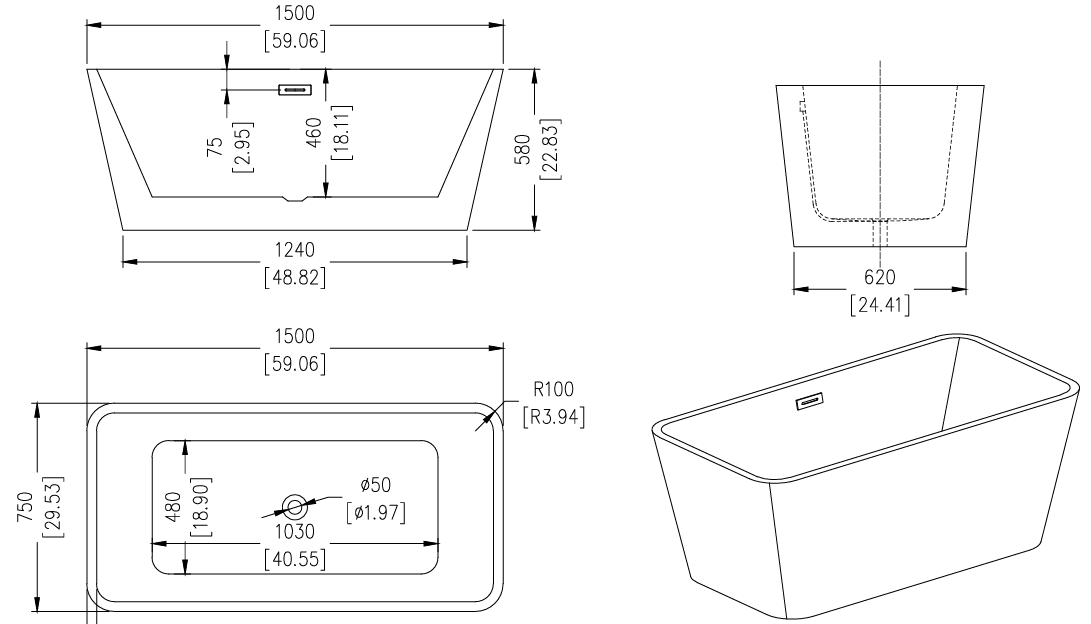 DAX Rectangle Freestanding Acrylic Bathtub Glossy White - 67" x 32" (BT-9040)