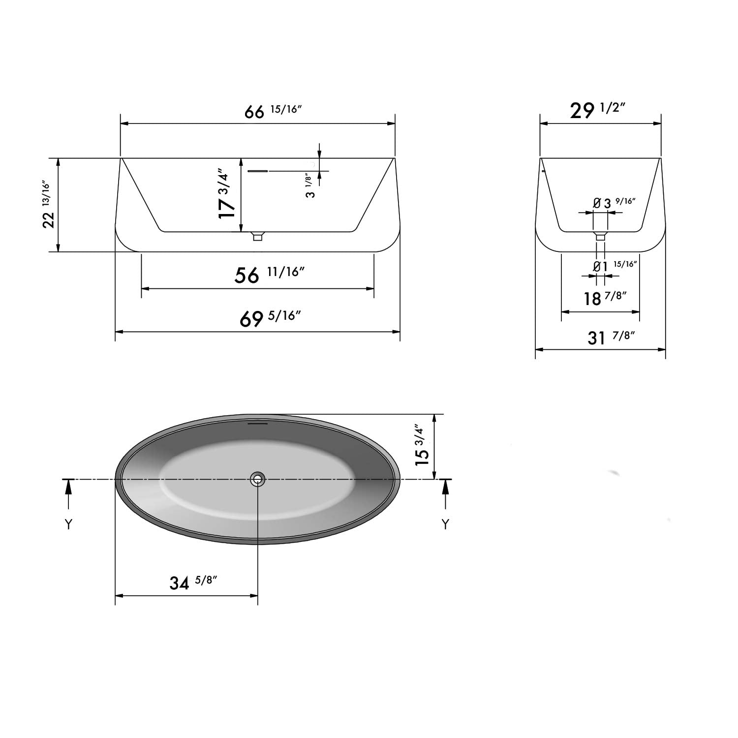 DAX ELIPSE collection bathtub matte finish 70" x 32"