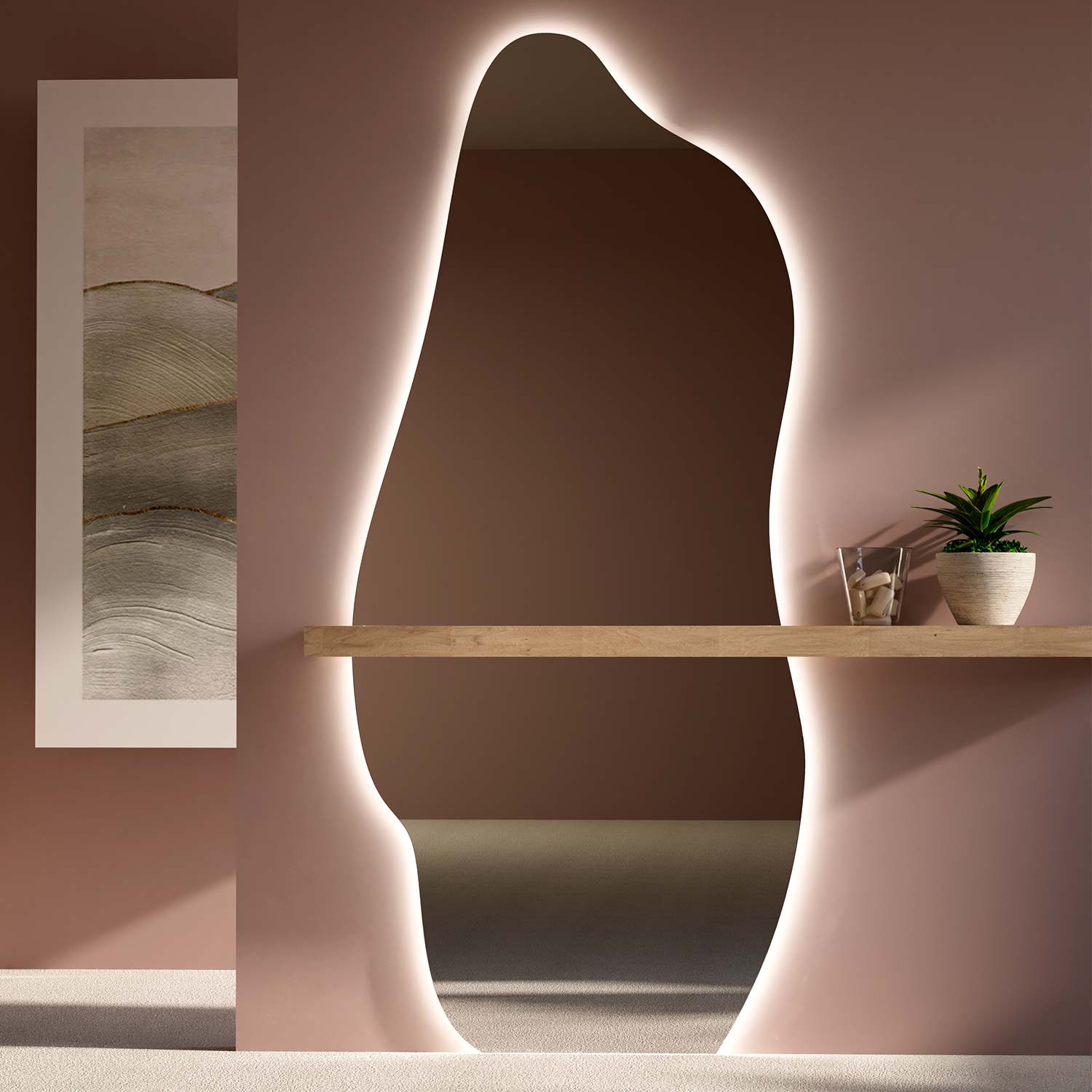 Modern interior design with a curved wall, mirror, and decorative elements.
