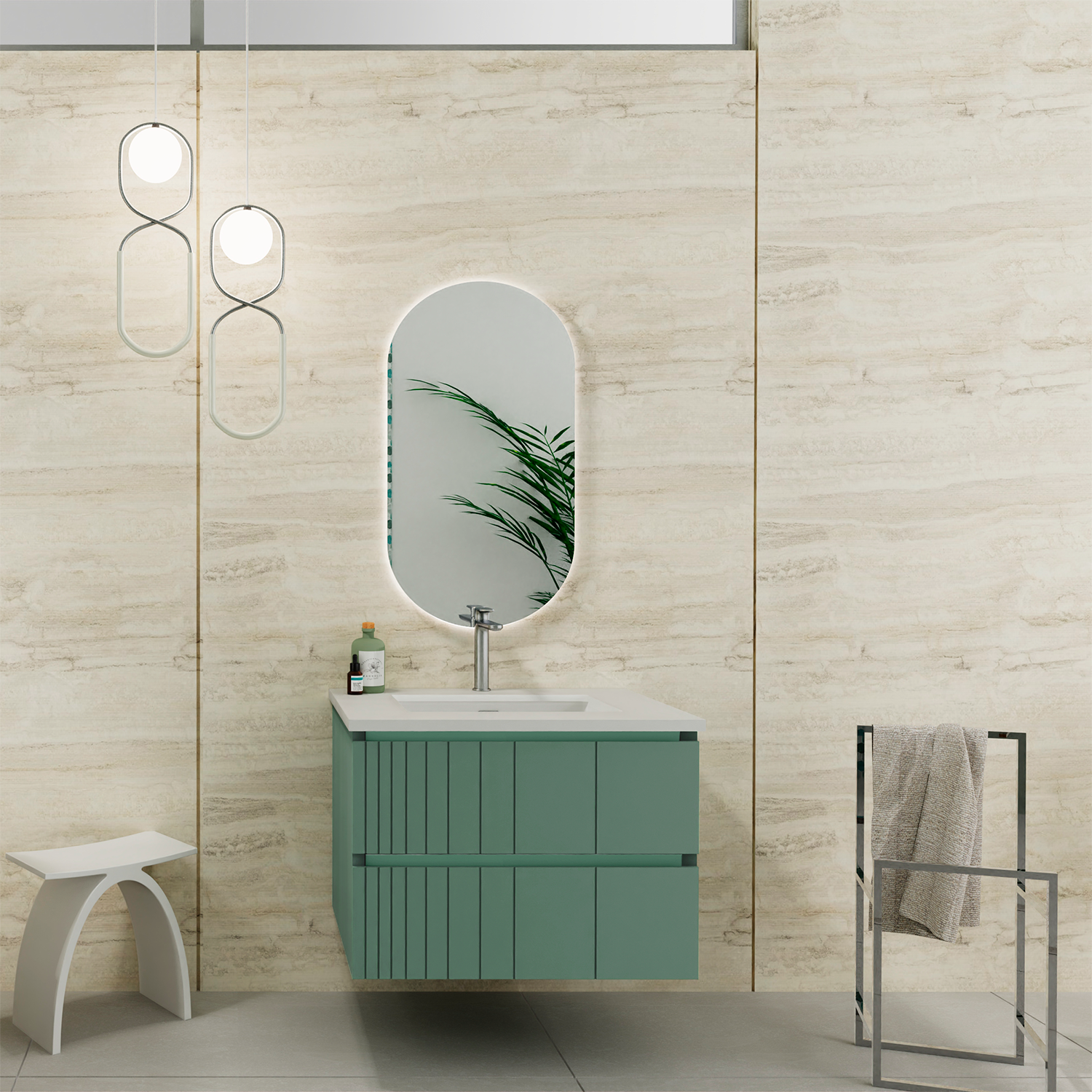 Bathroom with a green vanity unit, mirror, and decorative elements.