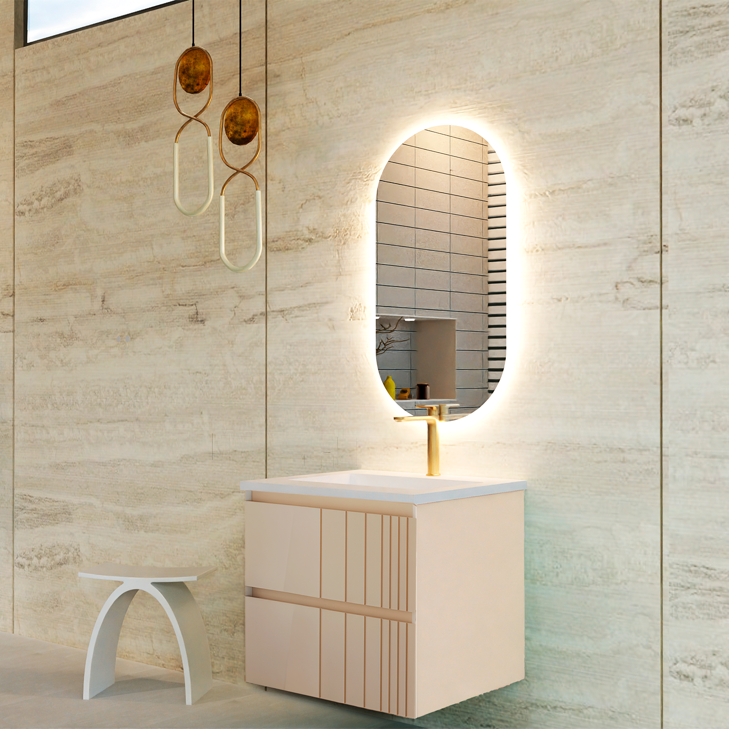 Bathroom vanity with illuminated round mirror against a tiled wall.