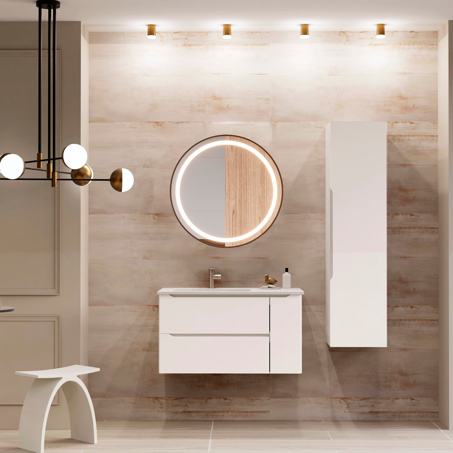Modern bathroom with a vanity, round mirror, and lighting fixture.