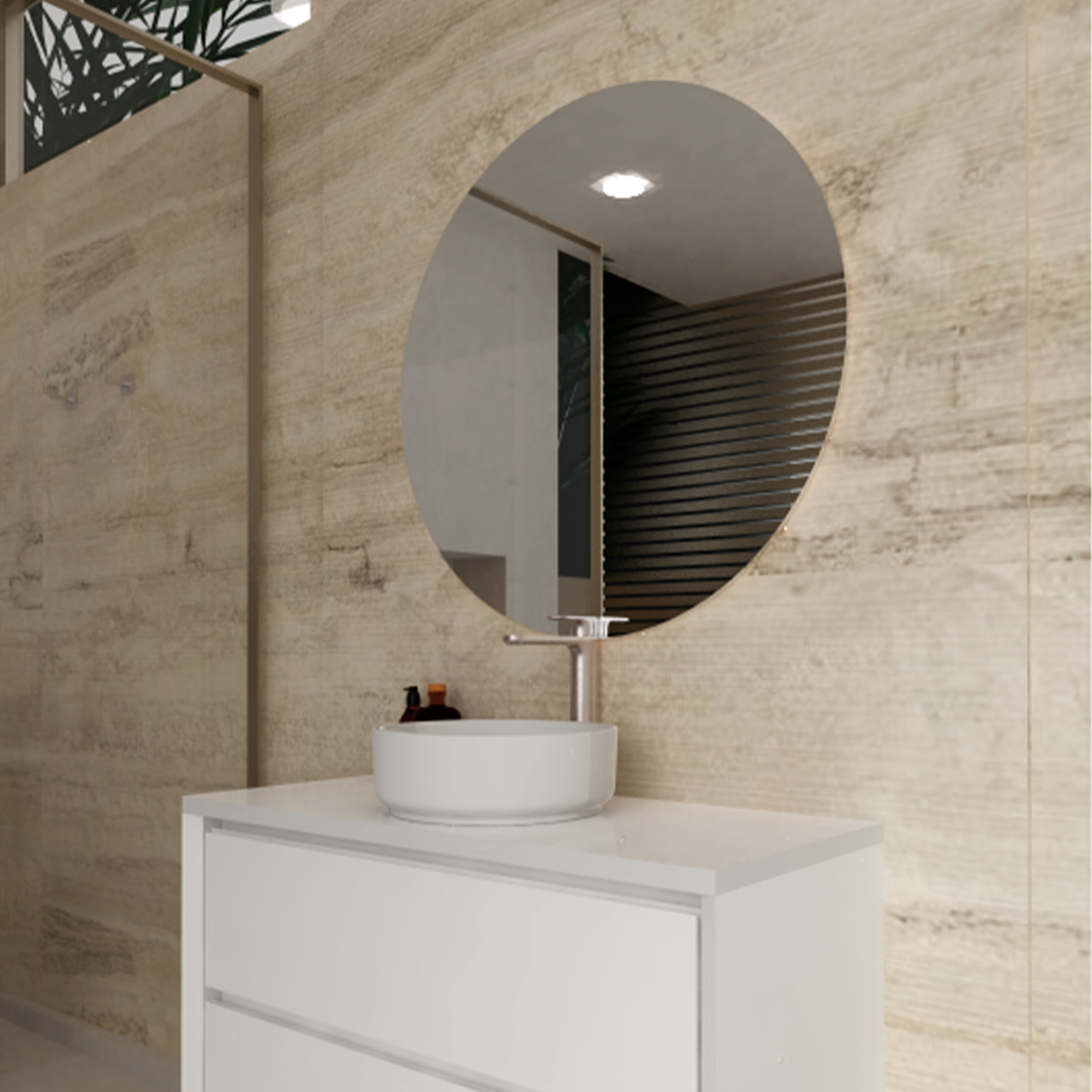 Bathroom vanity with round mirror and sink against a beige tiled wall.