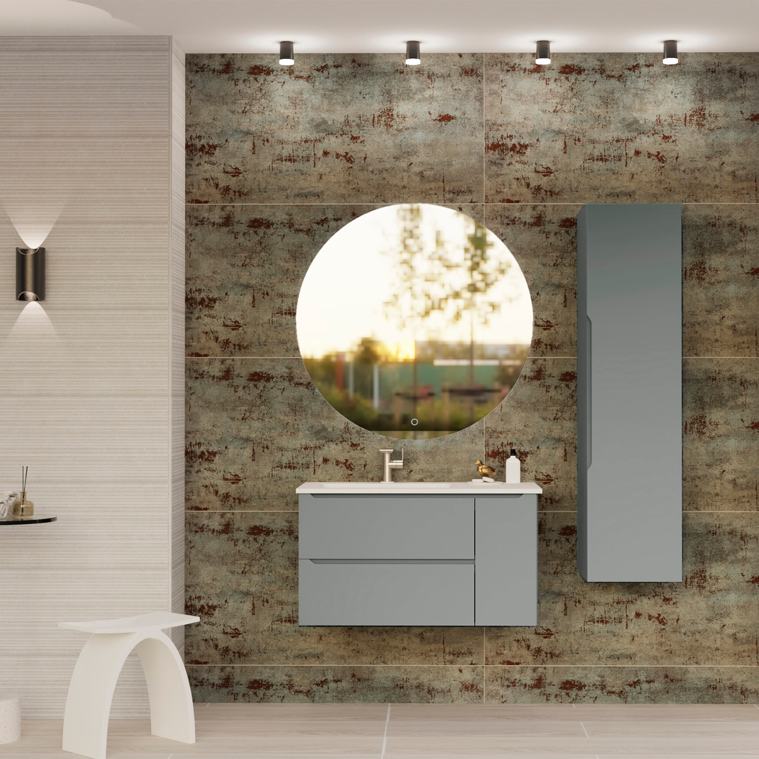 Modern bathroom with gray vanity, round mirror, and textured wall.