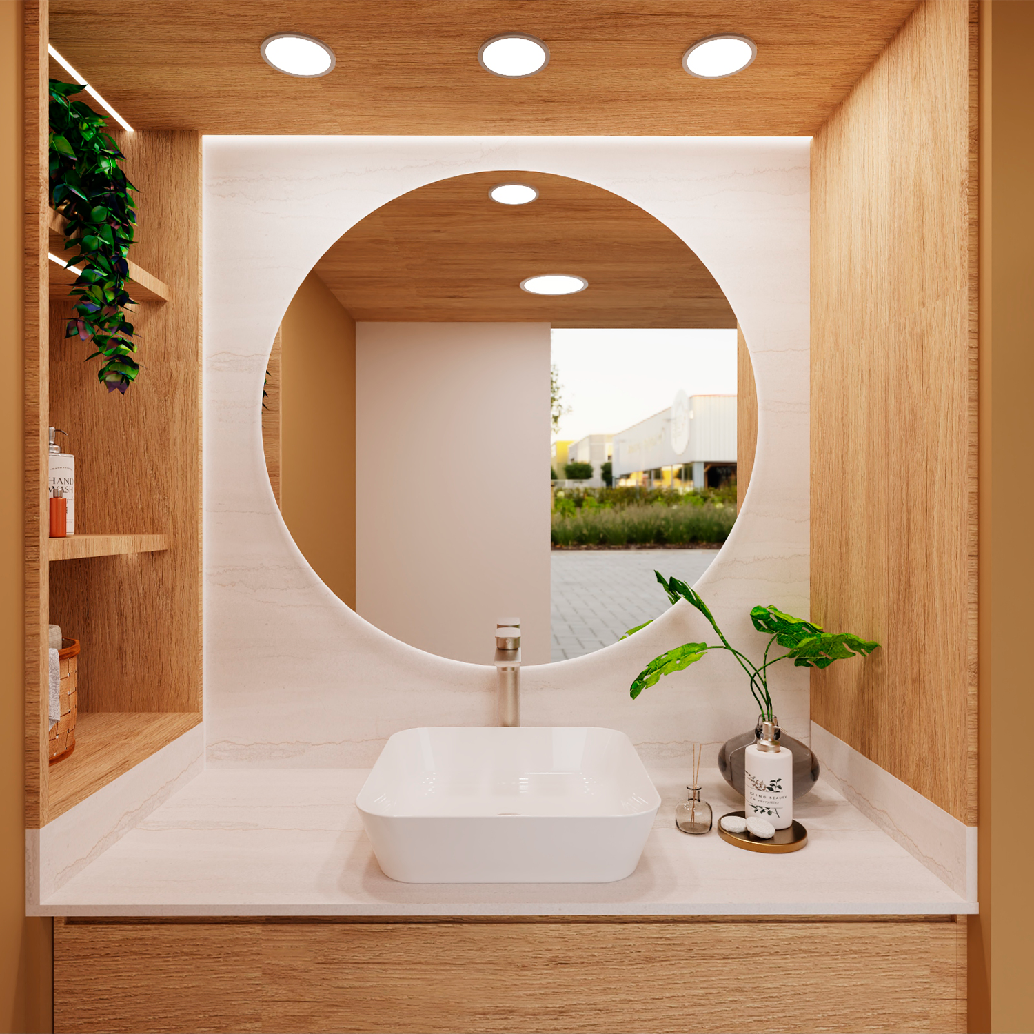 Modern bathroom with round mirror, white sink, and wooden shelves.