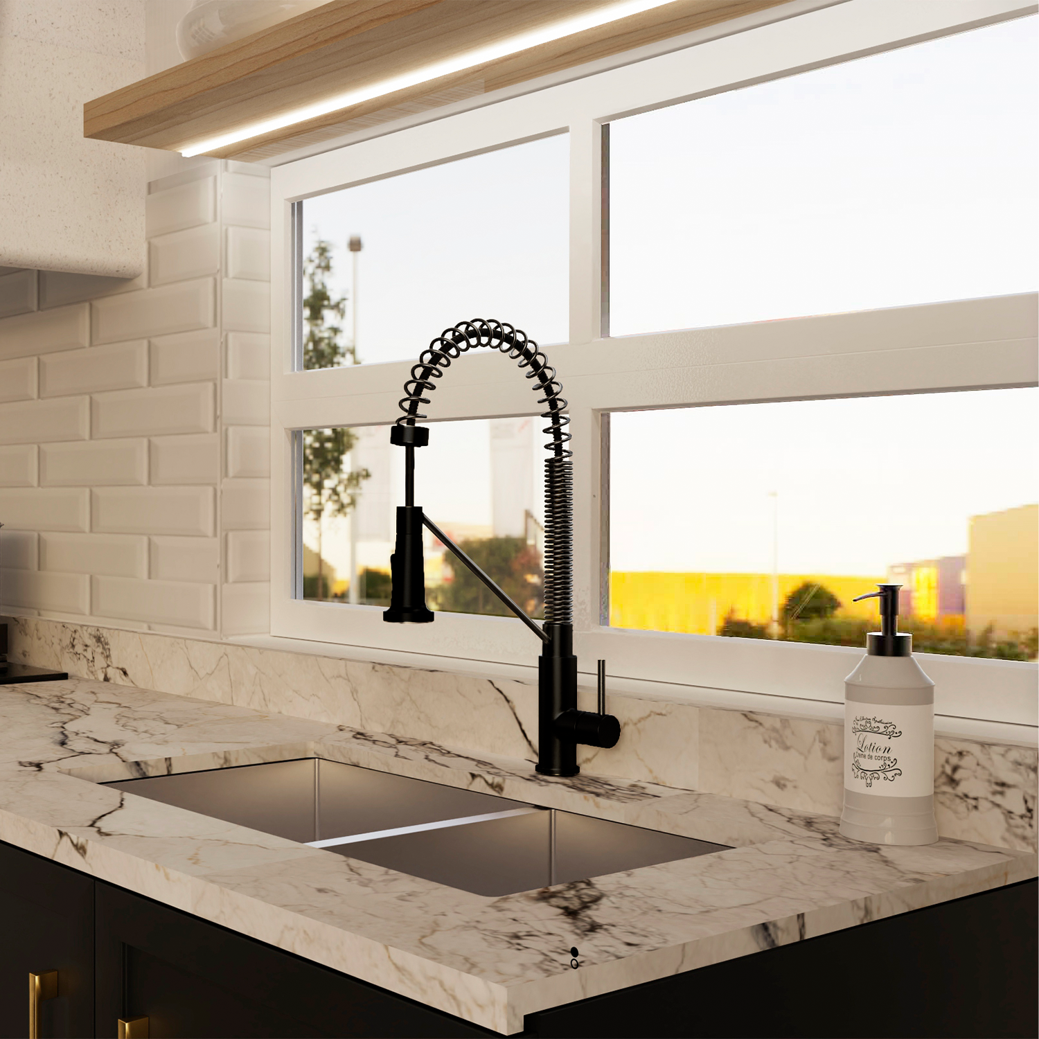 Modern kitchen with marble countertop, black faucet, and window view.
