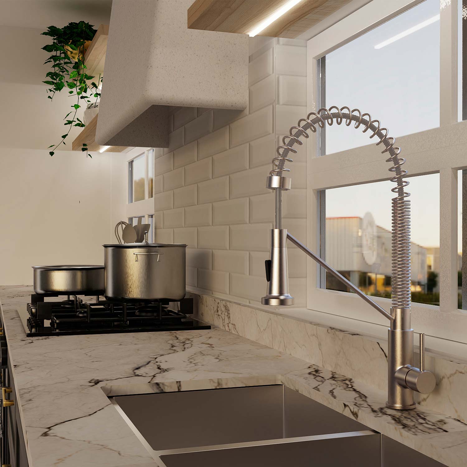 Modern kitchen with marble countertop, sink, and window view