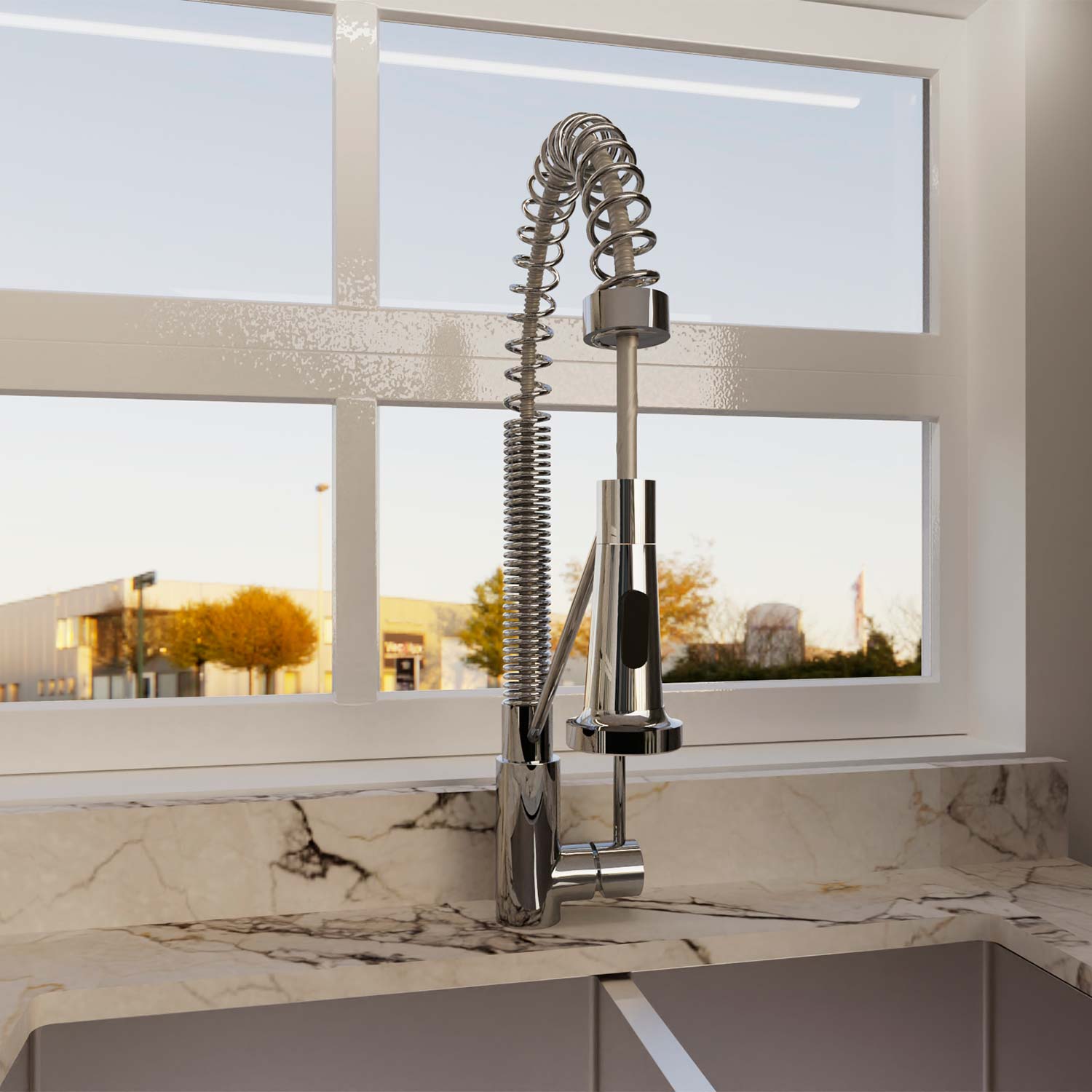 Modern kitchen faucet with a window view of a cityscape