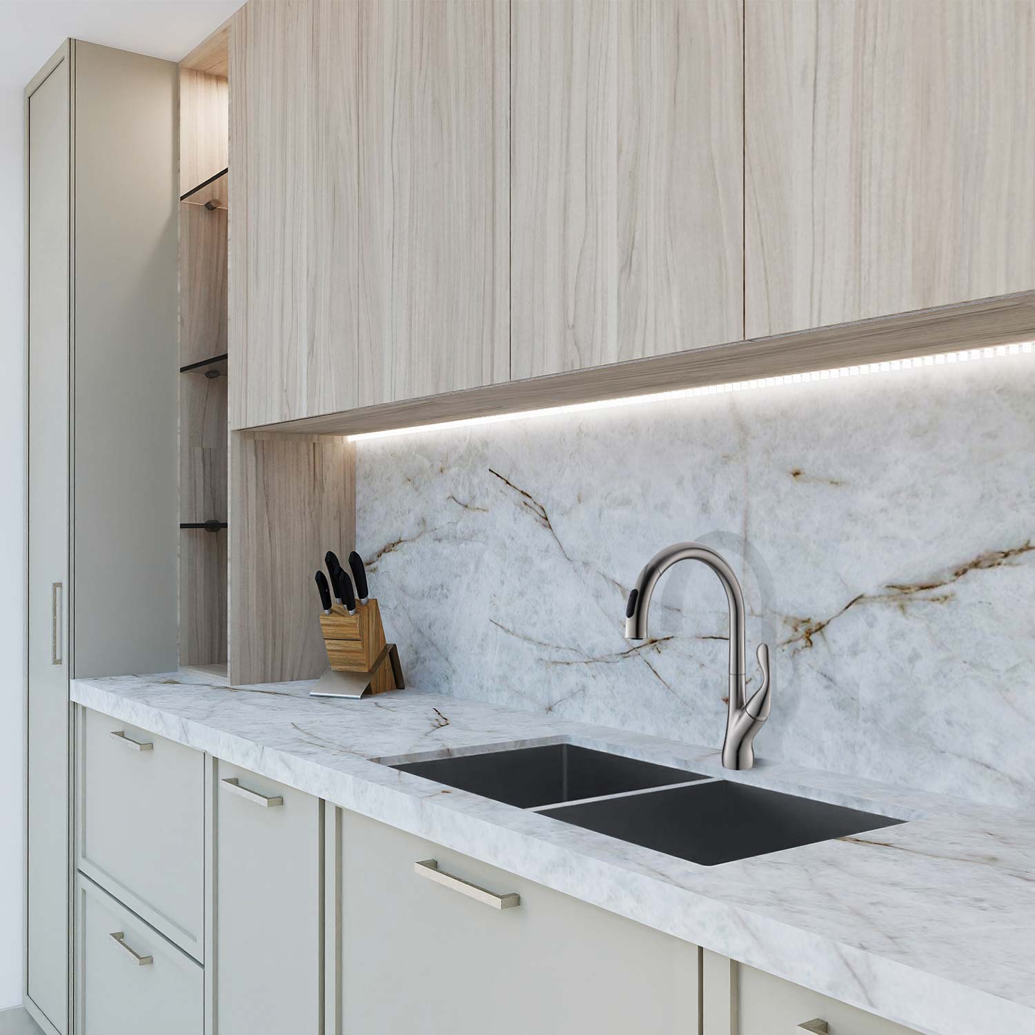 Modern kitchen with marble countertop, sink, and backsplash.