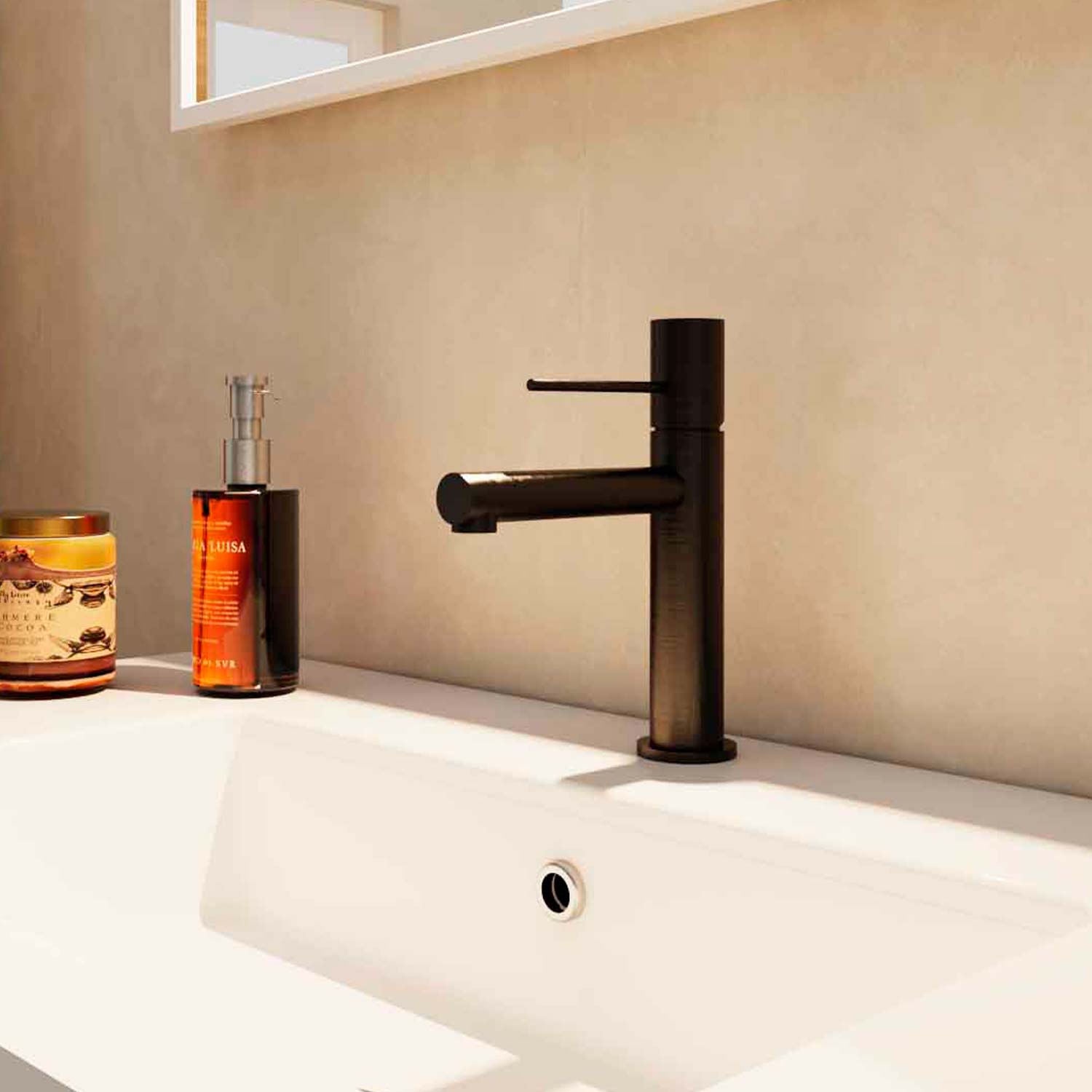 Bronze faucet on a white sink with a neutral wall background