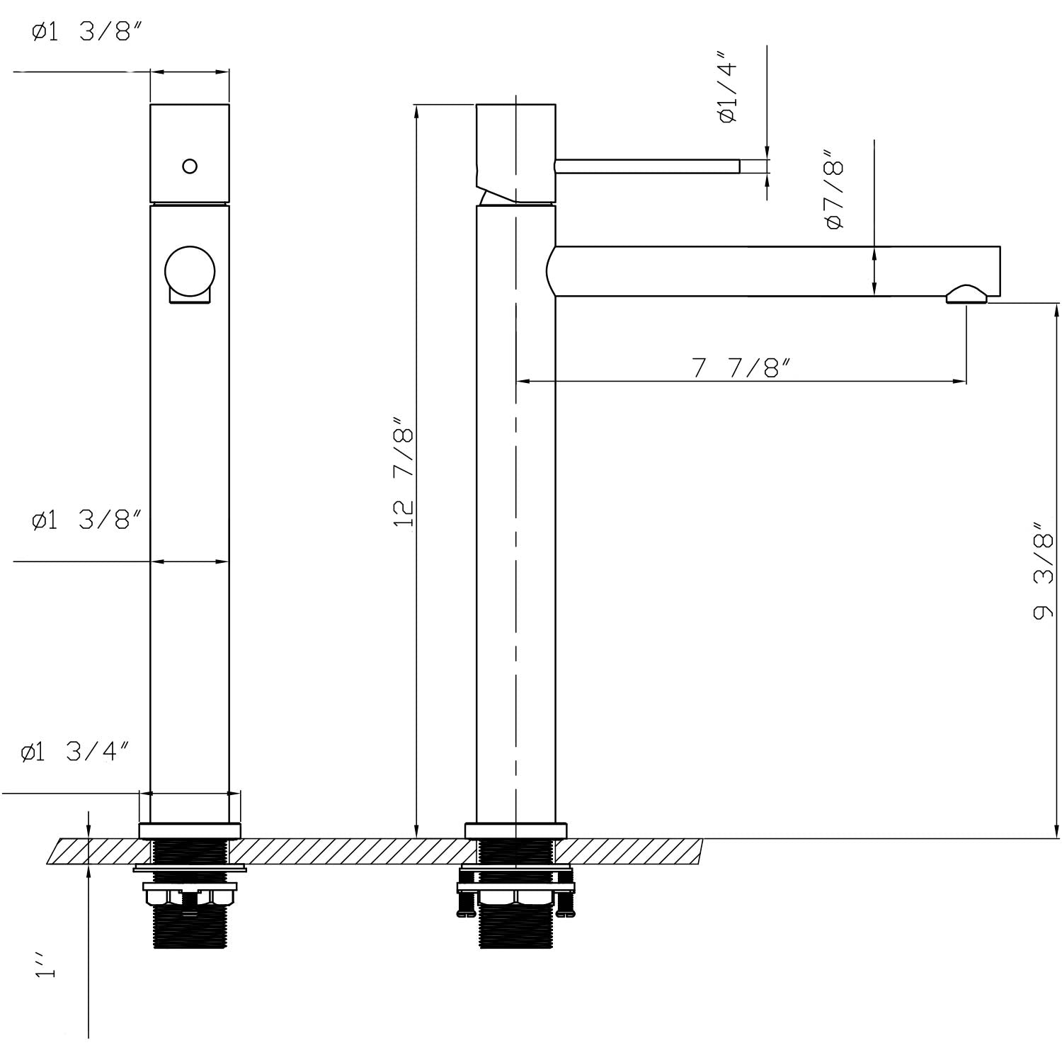 Technical dimension drawing of a faucet with side and front elevations, showing measurements in inches and thread diameters on a white background.