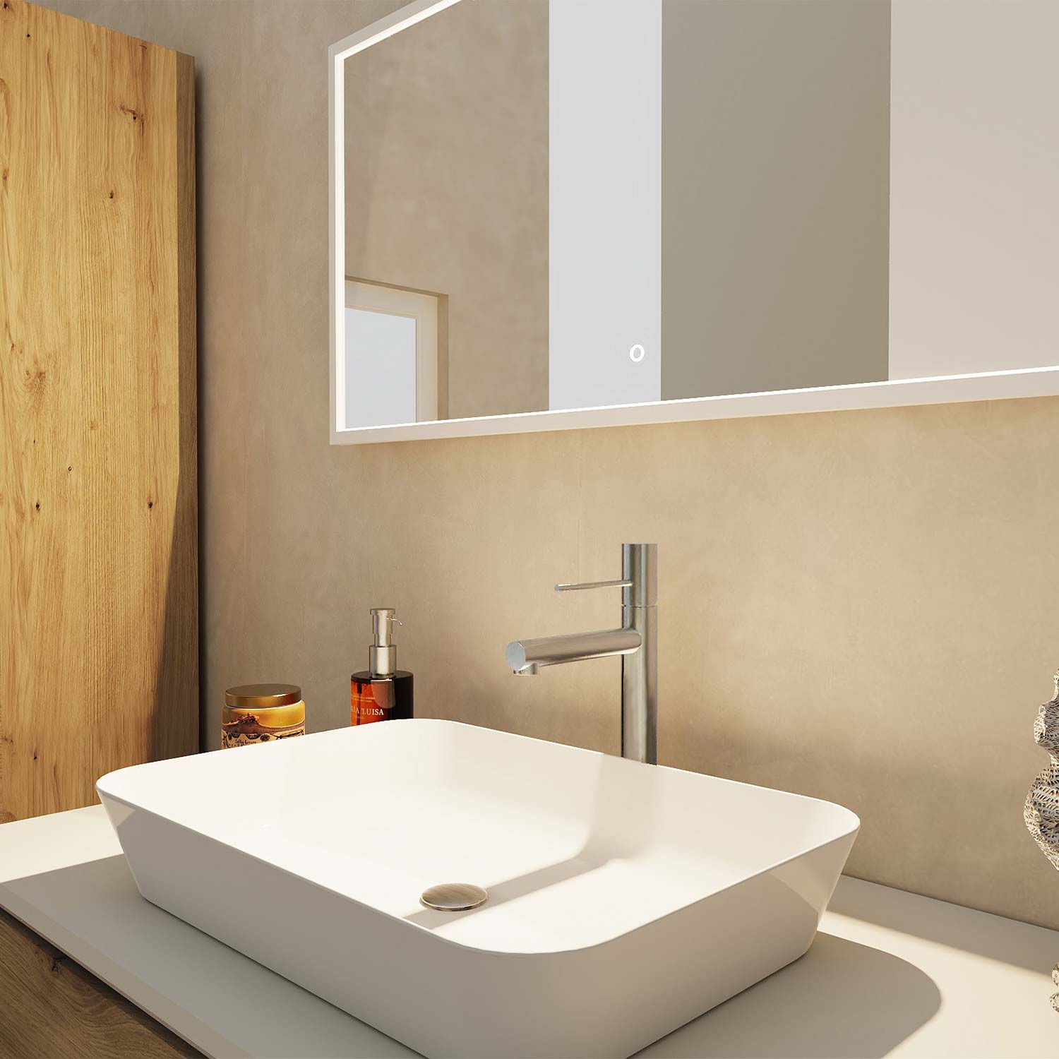 A modern bathroom scene featuring a white rectangular vessel sink with a chrome faucet, set against a textured beige wall beneath a large illuminated mirror.