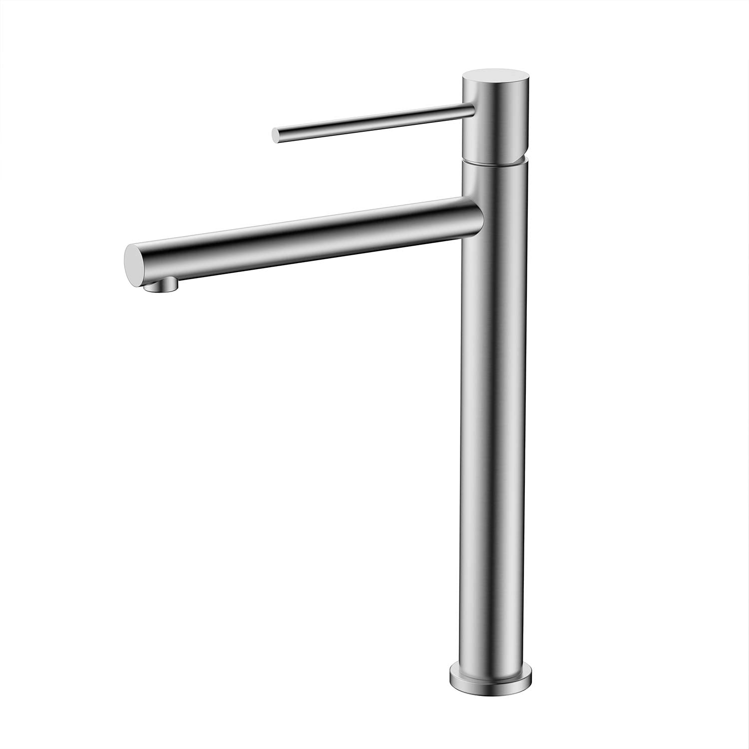 A modern single-handle bathroom faucet with a tall cylindrical column and a horizontal spout, finished in polished chrome, shown against a plain white background.