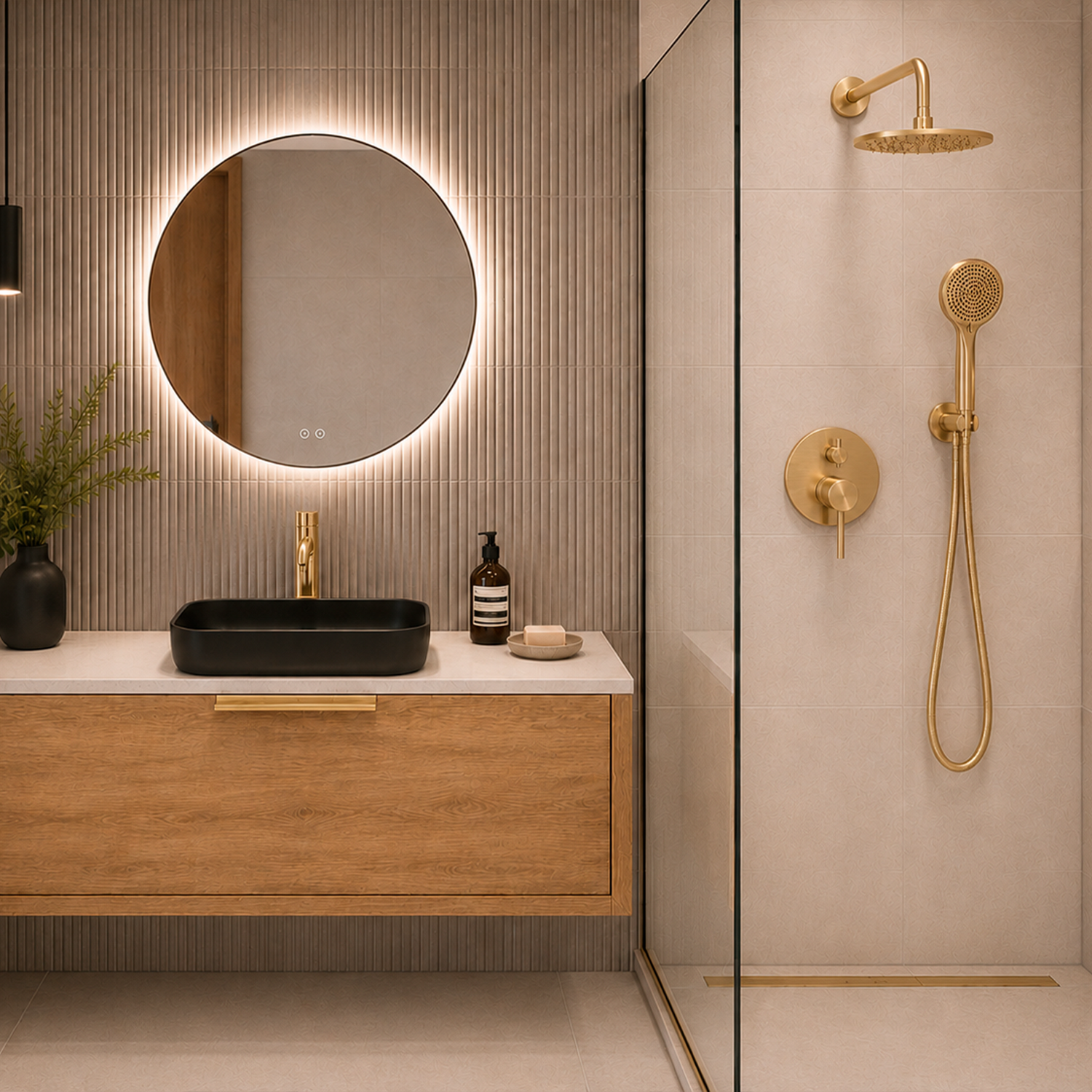 Modern bathroom interior featuring a floating wooden vanity with a black vessel sink and gold faucet, a round backlit mirror, and a glass-enclosed shower area with brushed gold shower fixtures.