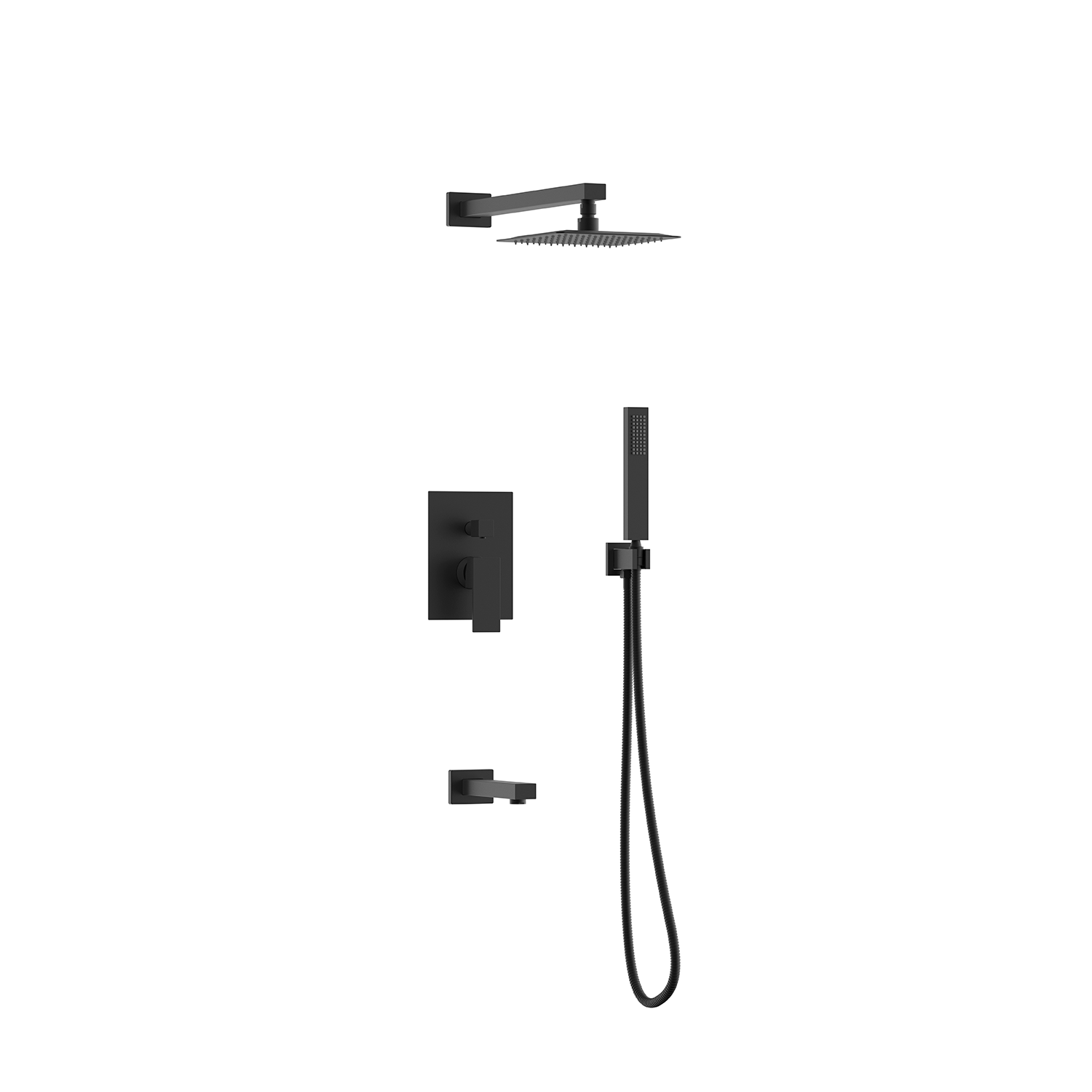 Black shower set with shower head and handheld shower on a white background