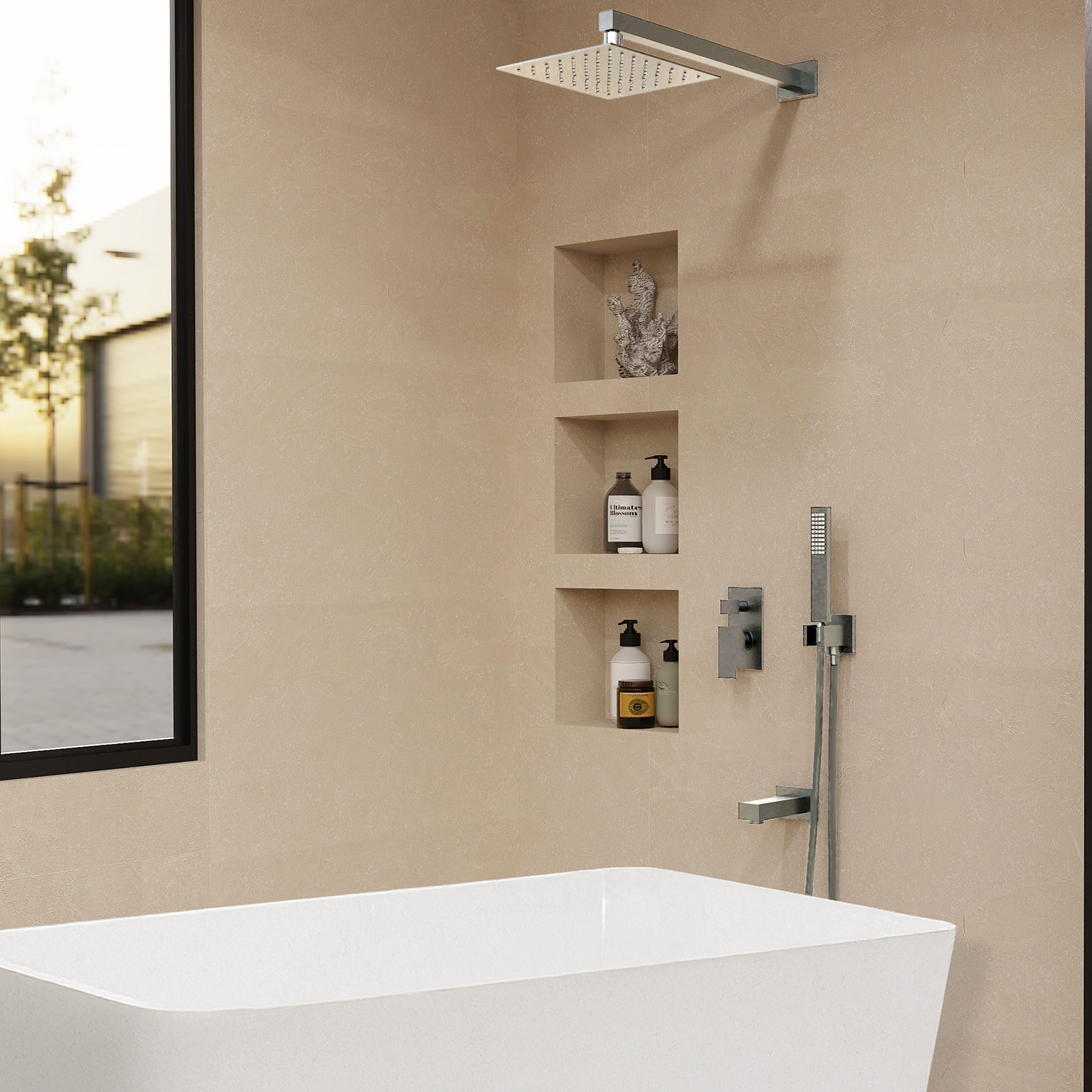 Bathroom with a shower setup, including a rain shower head and handheld shower, on a beige wall.