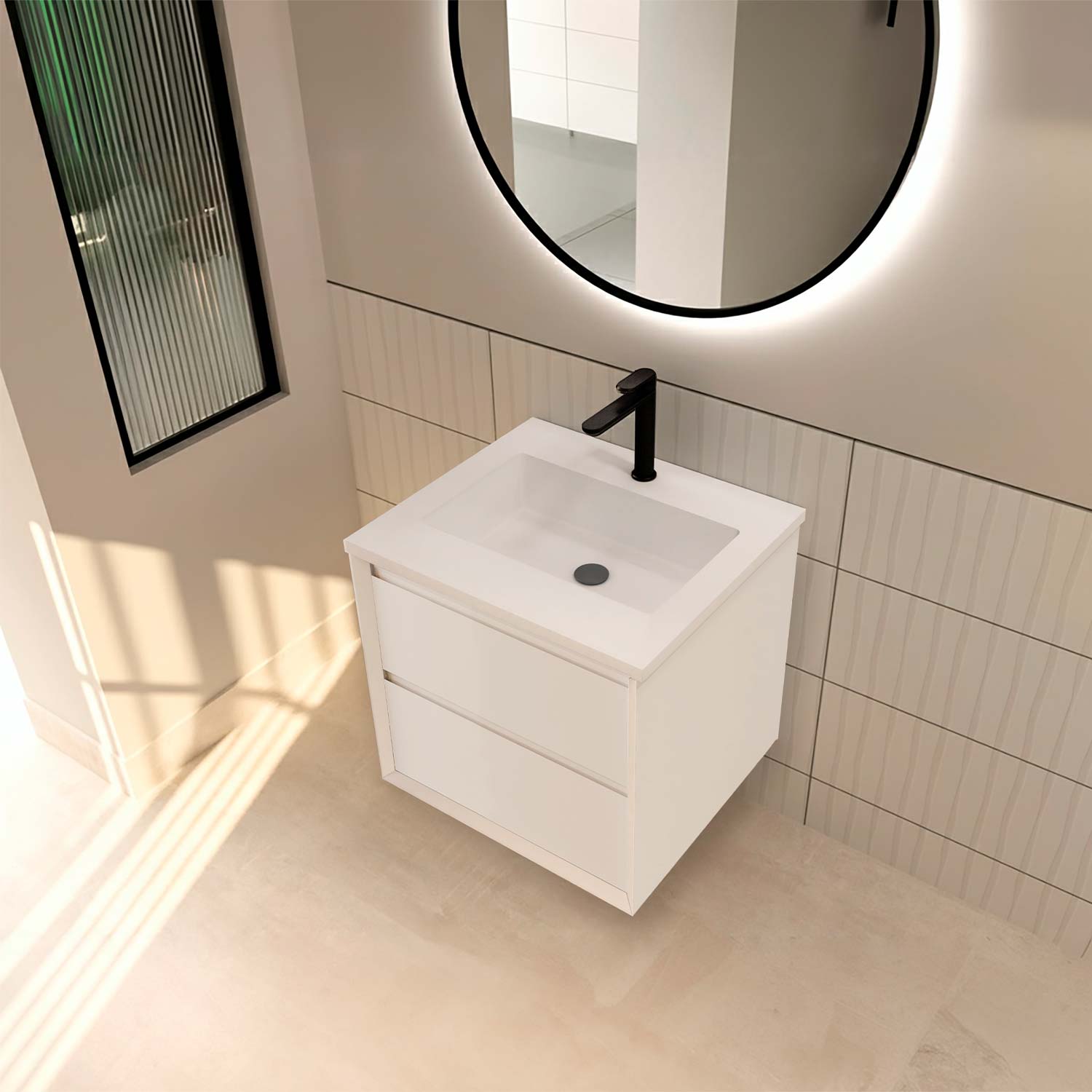 Bathroom vanity with white sink and black faucet, round mirror above.