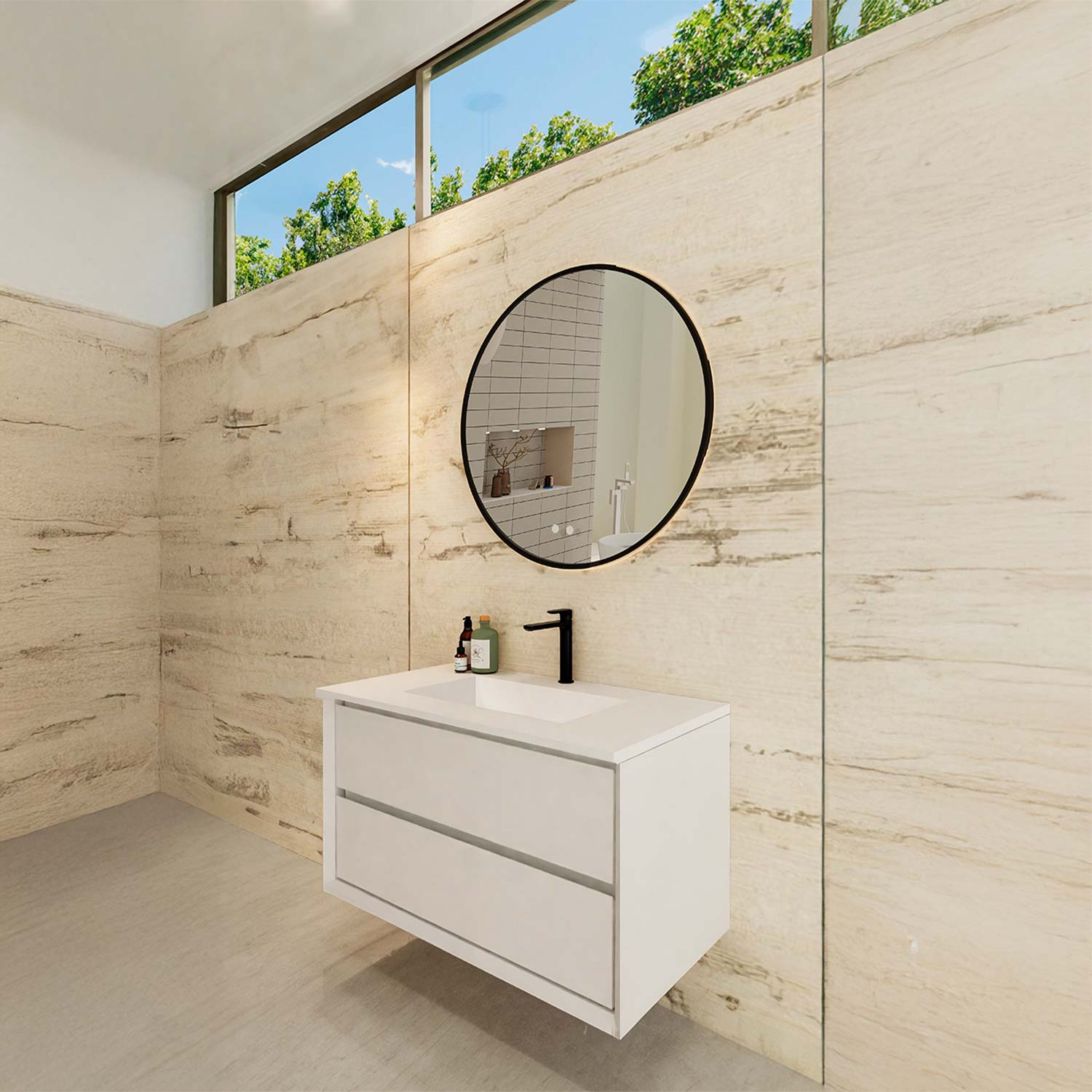 Modern bathroom with a floating vanity and round mirror against a light wood wall.