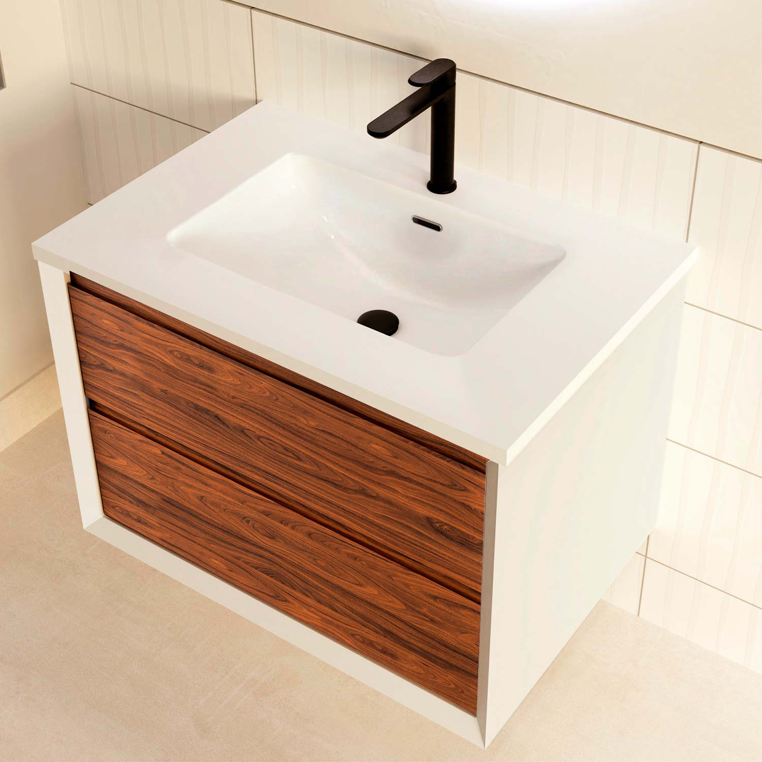 Bathroom vanity with wooden cabinet and white countertop