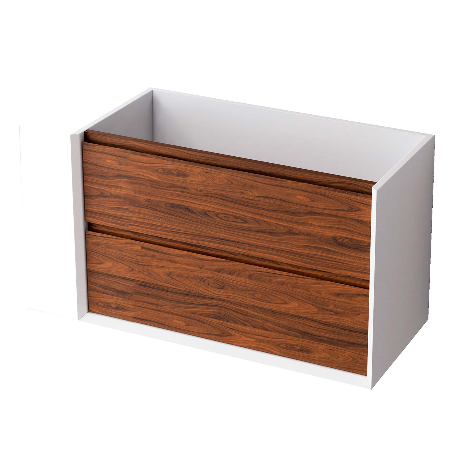 White cabinet with wooden drawers on a white background