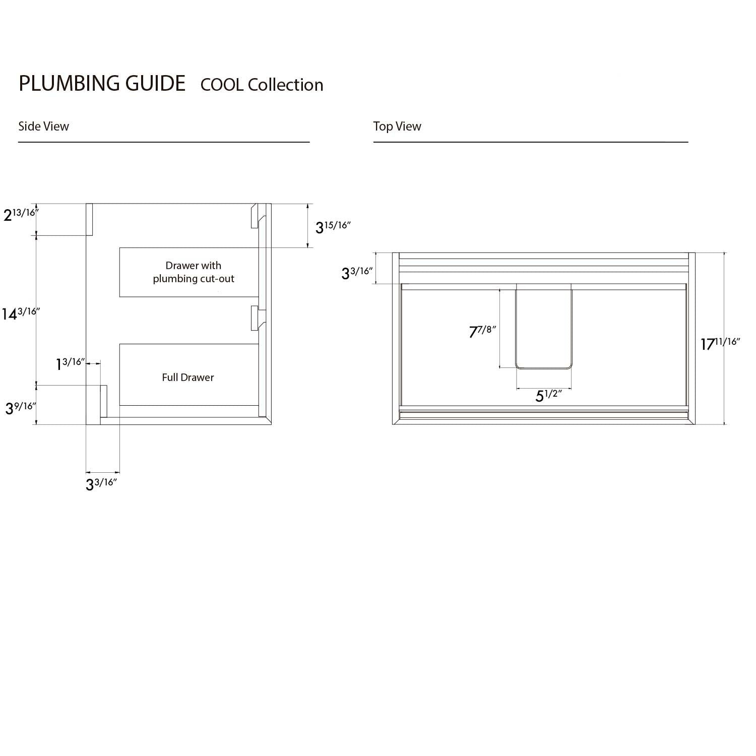 Technical drawing of a plumbing cutout with dimensions labeled, part of the 'Cool Collection' plumbing guide.