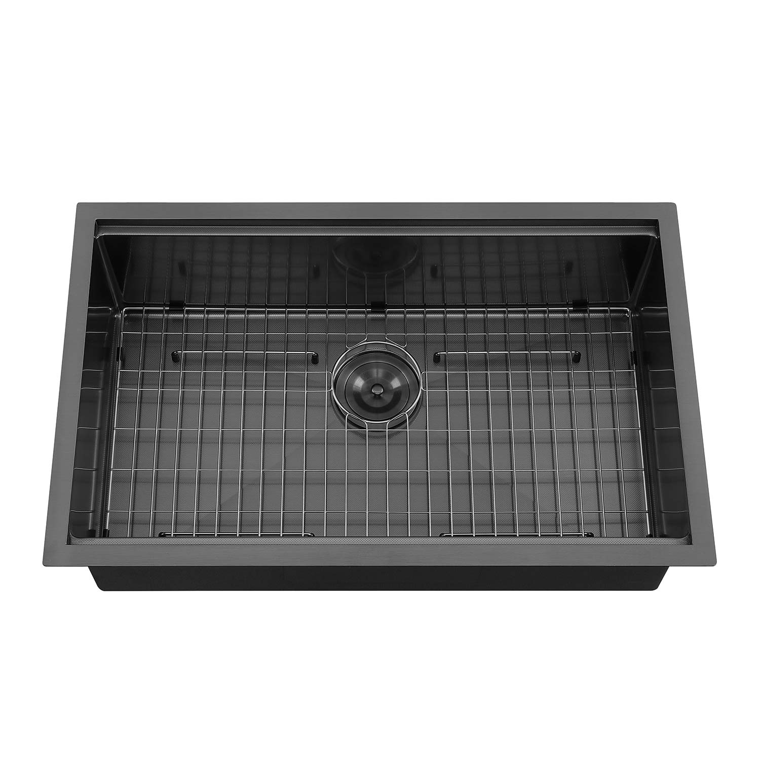 Black kitchen sink with grid and drain on a white background