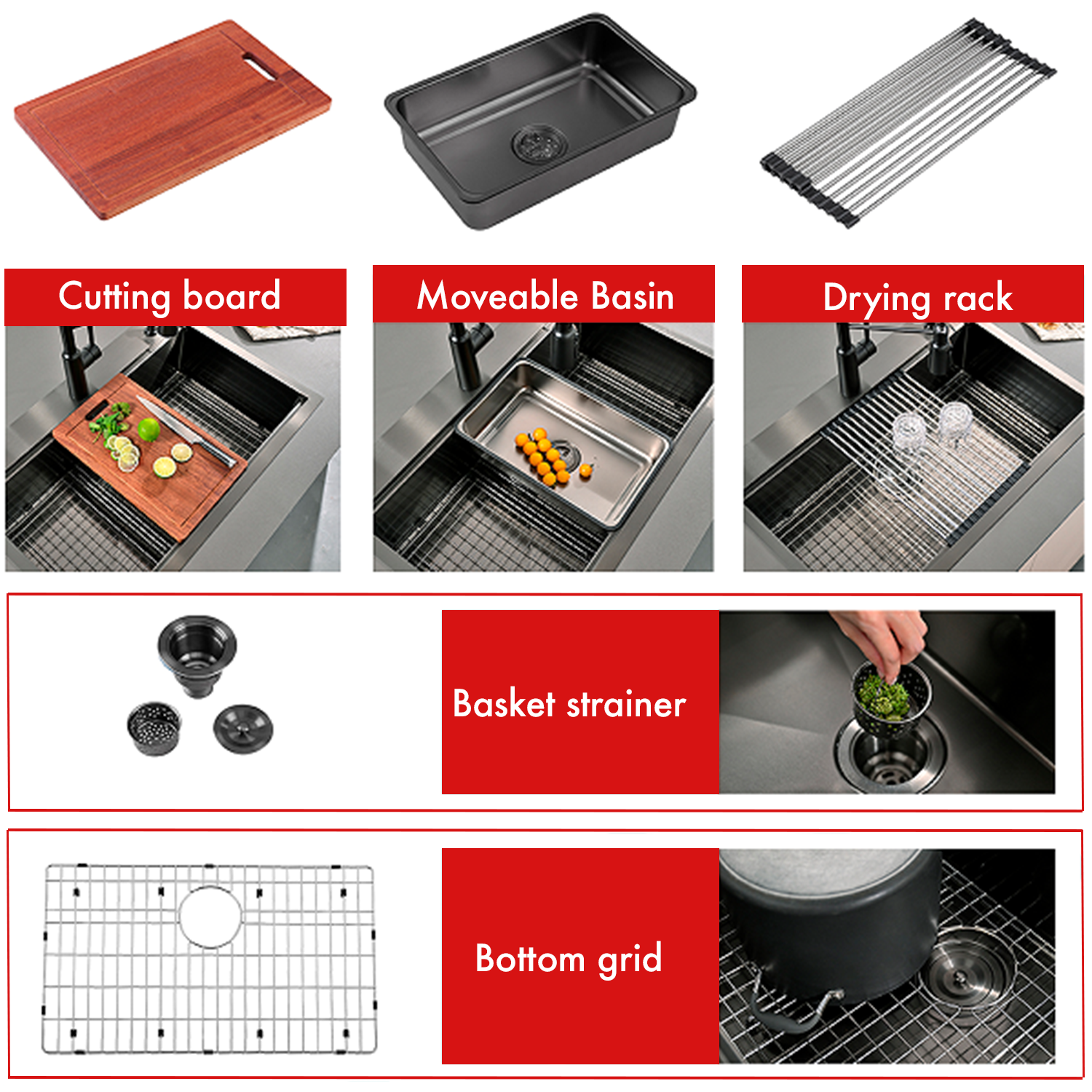 DAX Handmade Workstation Single Bowl Undermount Kitchen Sink NB - Stainless Steel 304 - 16 G - Acces