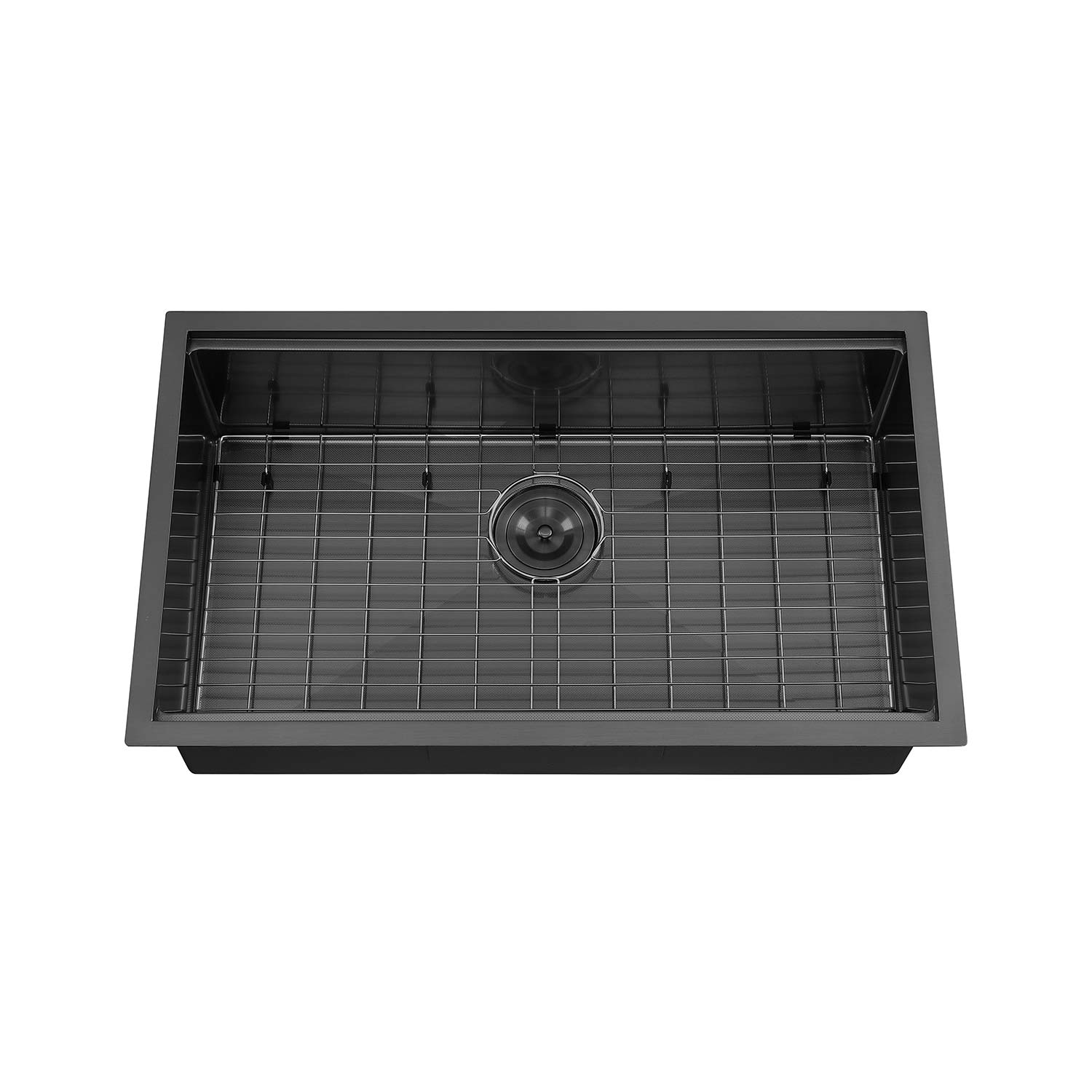 Black kitchen sink with grid and drain on a white background