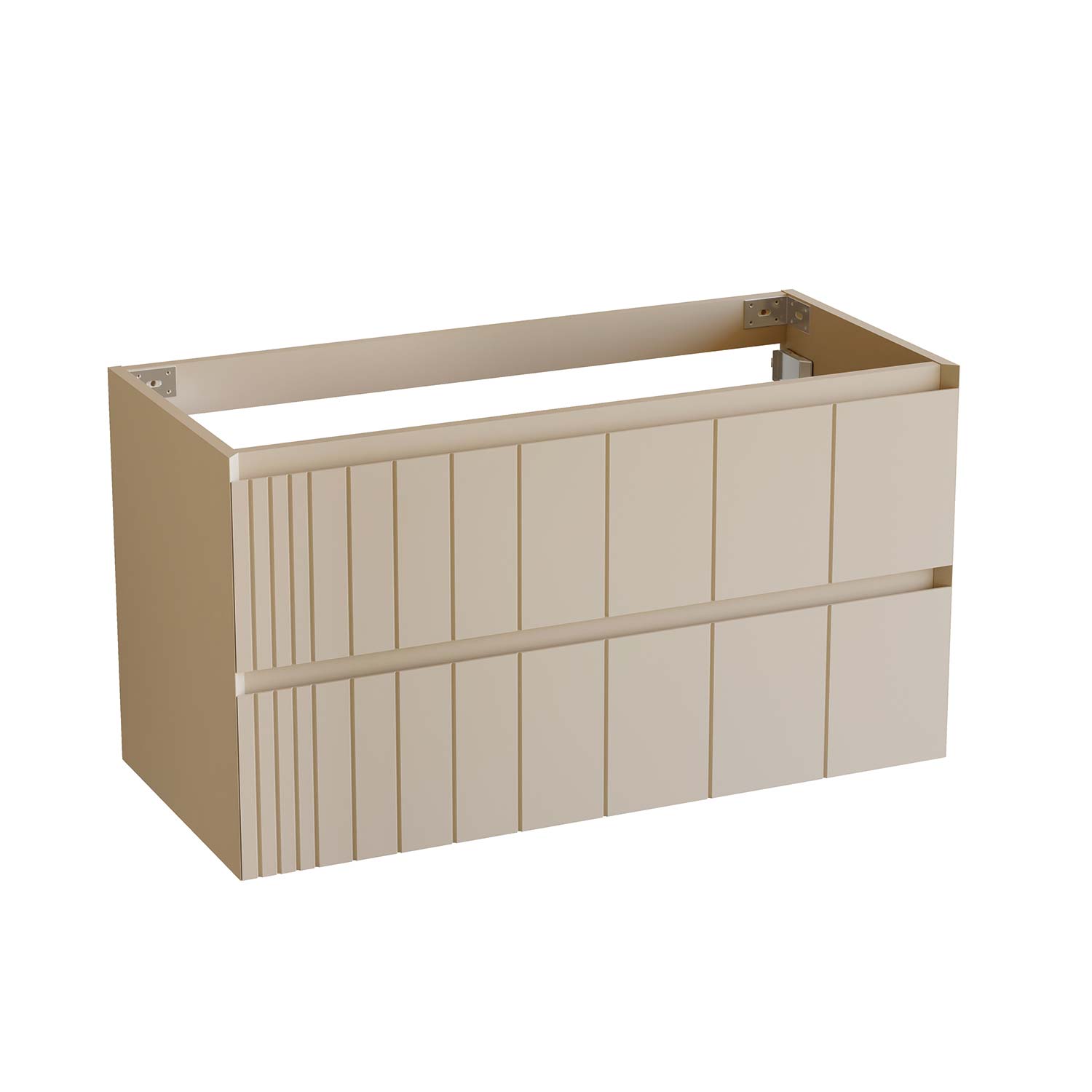 Beige storage unit with horizontal slats on a white background