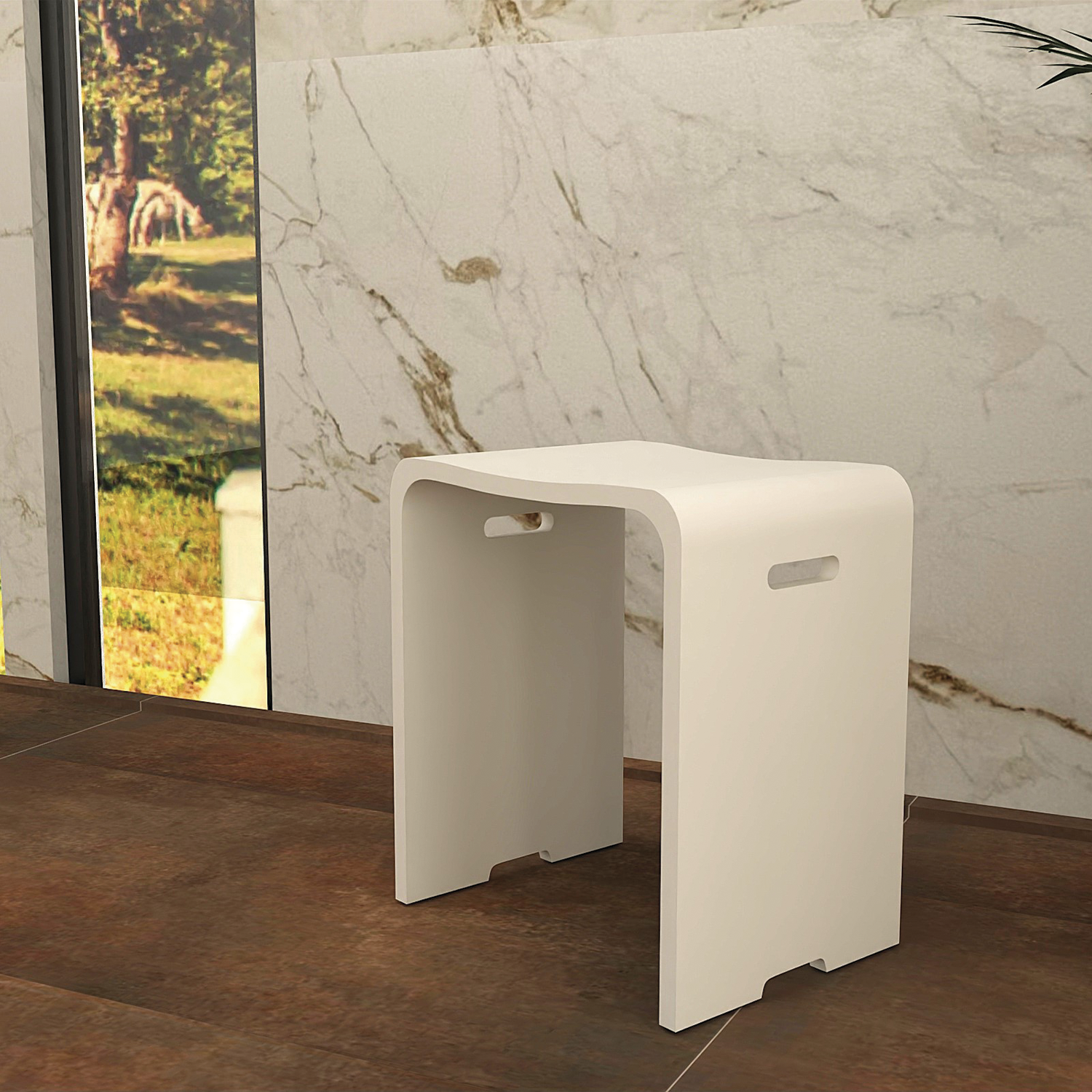 A matte white finish solid surface bathroom stool with handles, placed on a floor with a marble-like pattern in the background. Order now at www.daxib.com