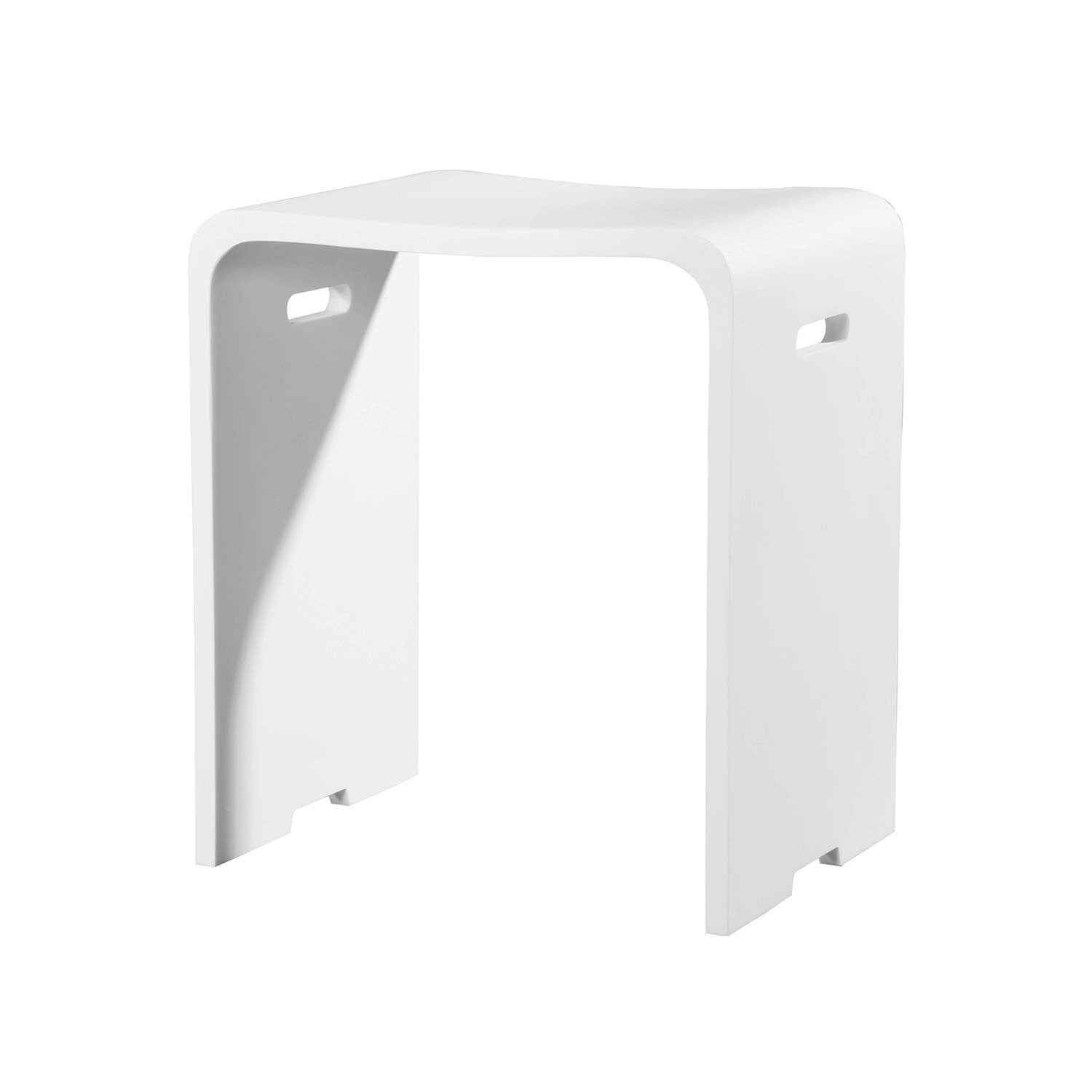 A matte white finish solid surface bathroom stool with handles, placed on a floor with a marble-like pattern in the background. Order now at www.daxib.com
