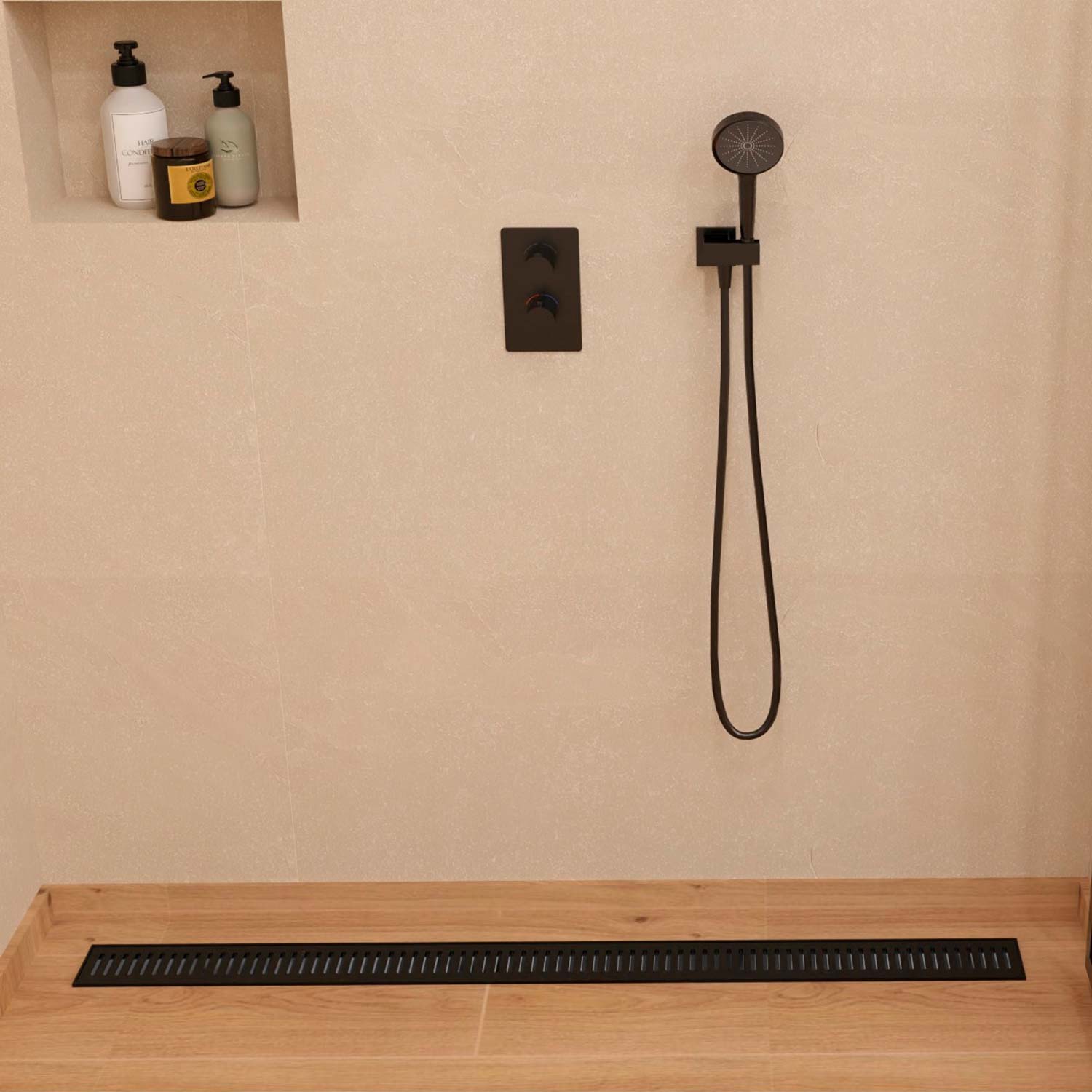 Shower setup with black shower head and control panel on a beige wall.