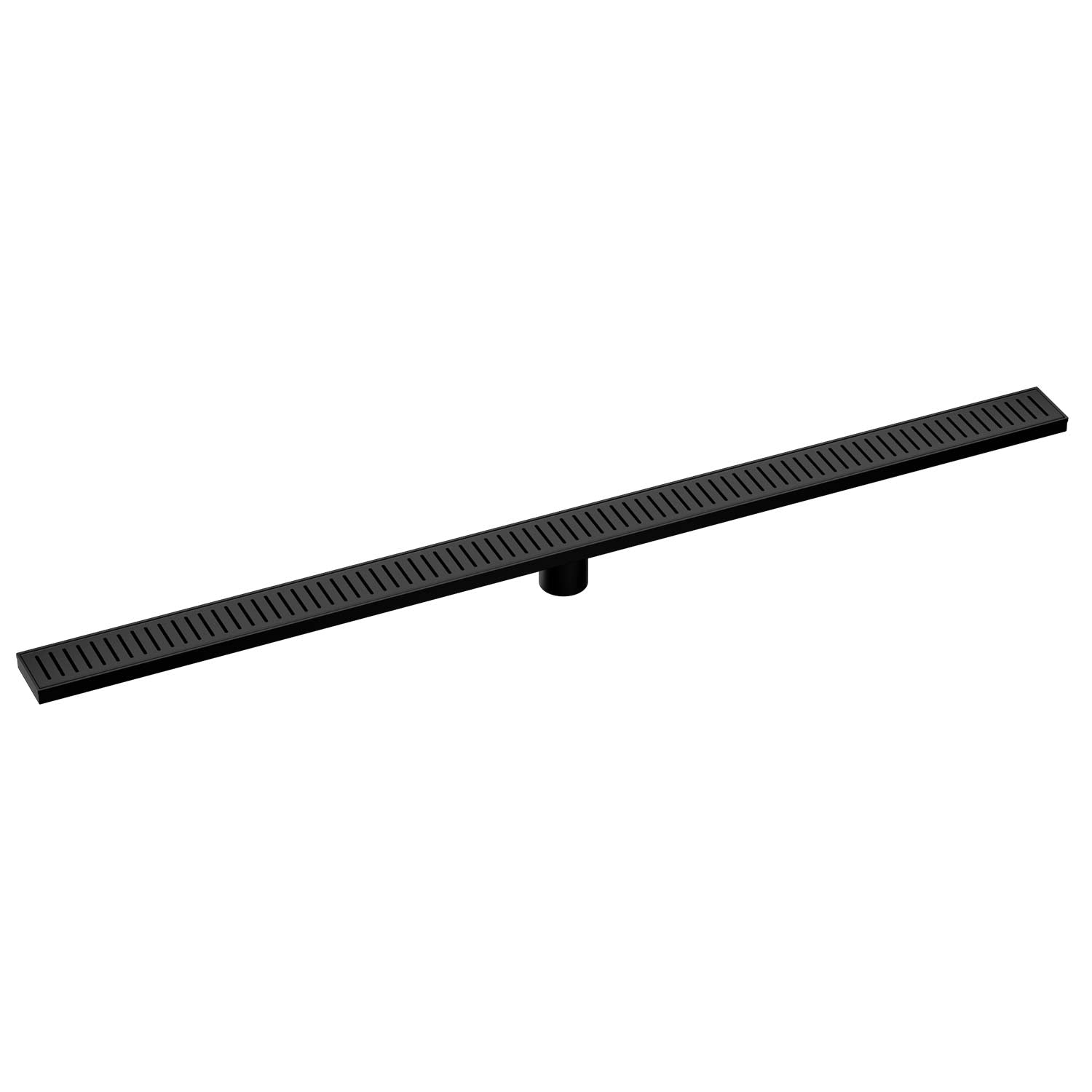 Black rectangular floor drain on a white background. 48 inches