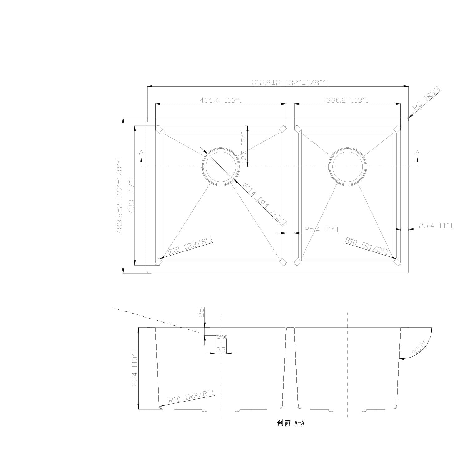 DAX 60/40 Double Bowl Undermount Kitchen Sink 32" x 18" - R10 - 18G. No Accessories Included (DX-T3219-R10-X).