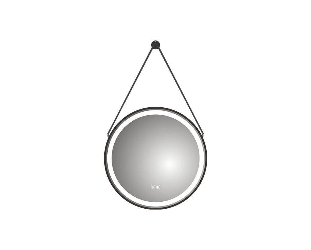 Round mirror with a black strap on a white background