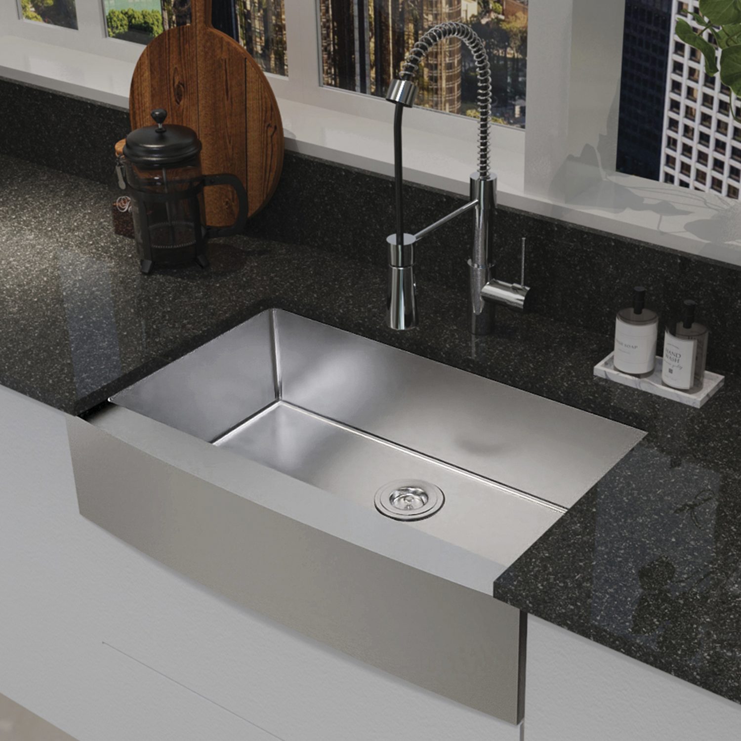 Fregadero de cocina de granja de acero inoxidable, 1 tazón, calibre 18, acero inoxidable 304, hecho a mano, accesorios incluidos (rejilla inferior y colador) (DAX-H3021-R10)