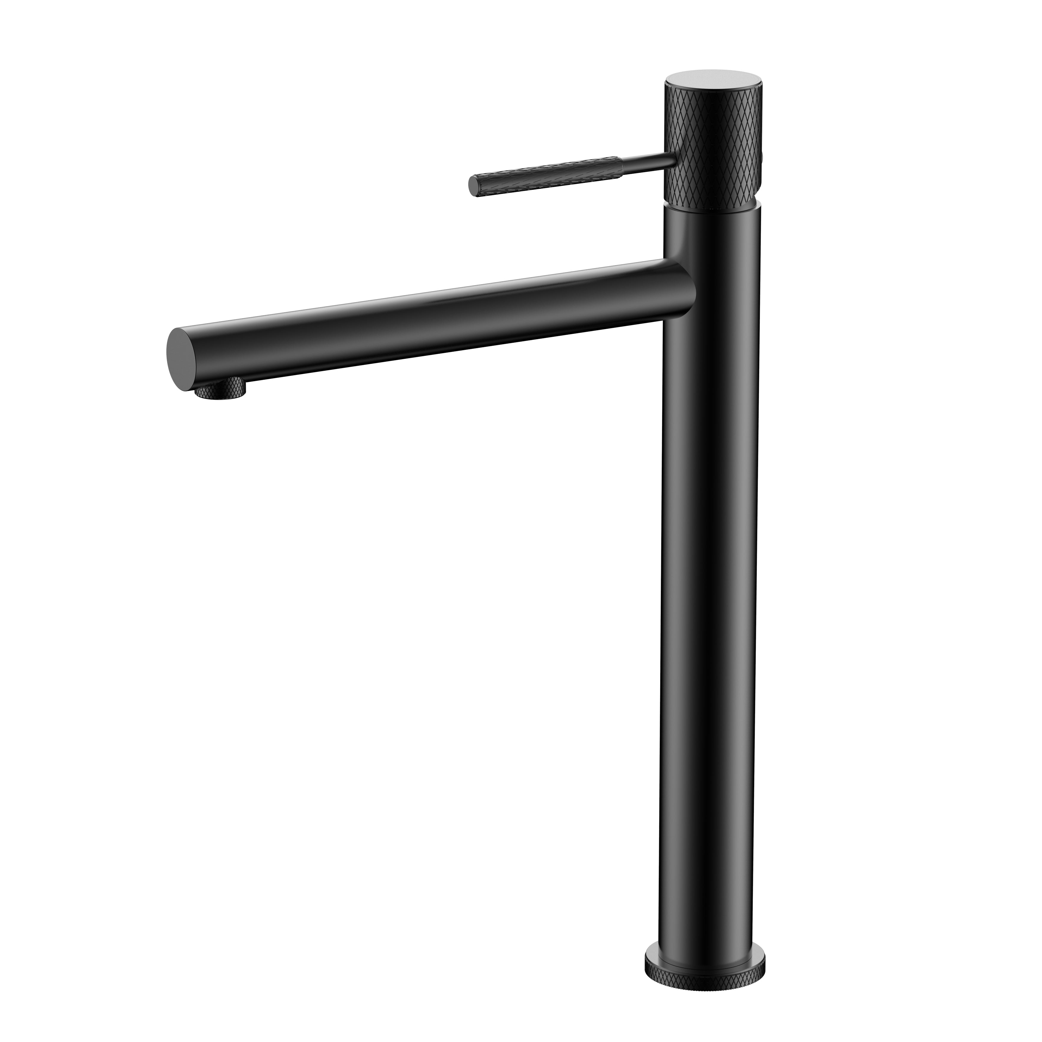 A modern high-arc single-handle bathroom faucet in matte black with a knurled textured top, shown on a solid white background.