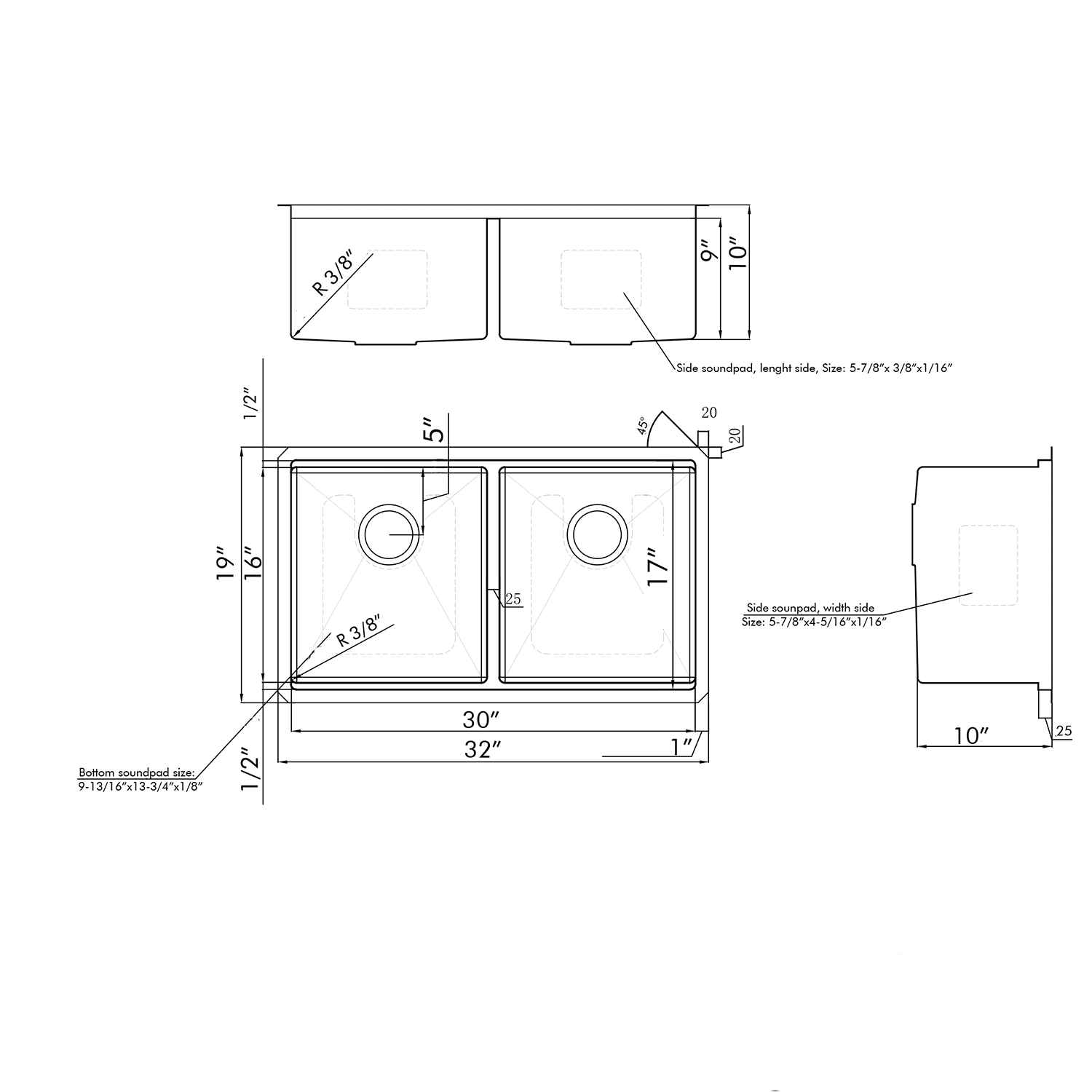 DAX Workstation Double Bowl Undermount Kitchen Sink 32 x 19 - R10 - 18G. Accessories Included