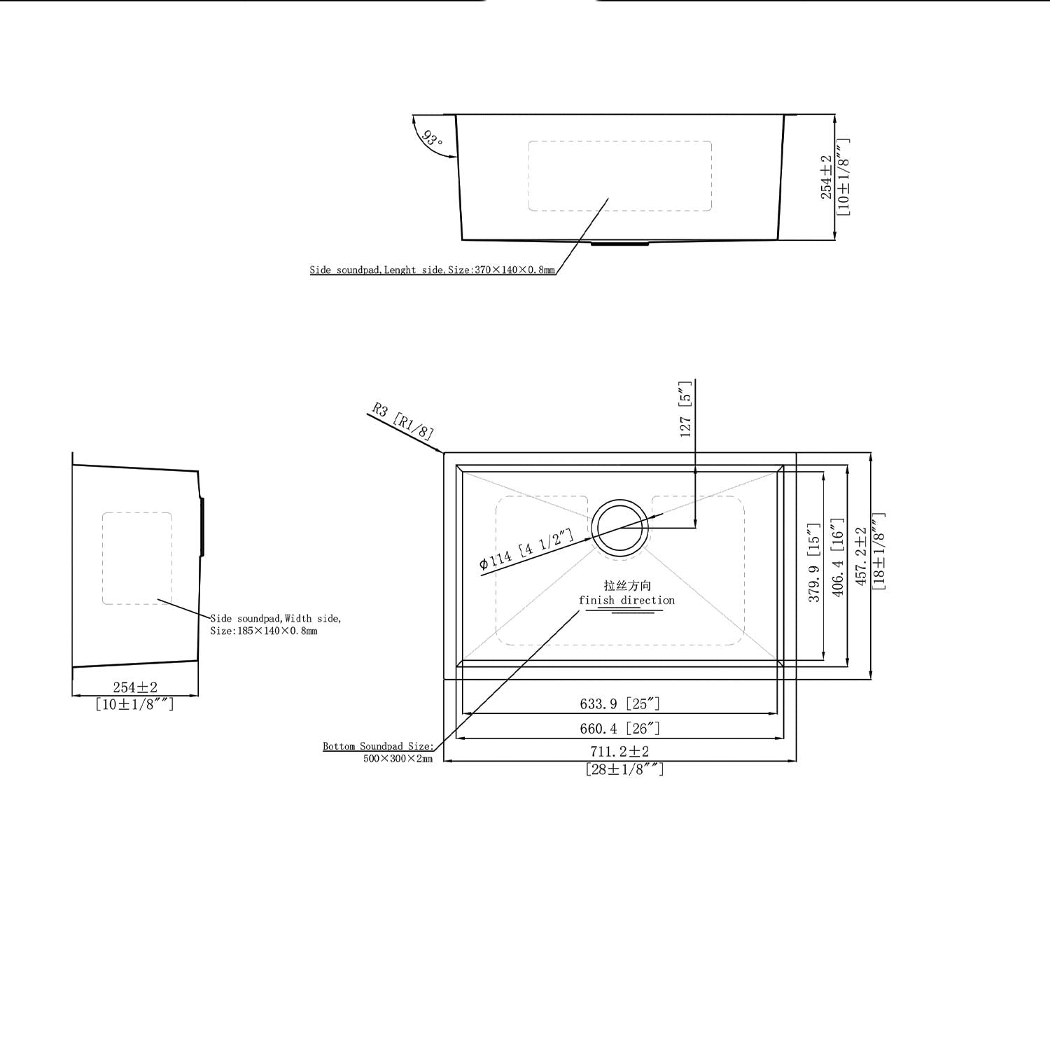 DAX Handmade Single Bowl Undermount Kitchen Sink 28 x 18 - R0 - 16G. Accessories Included
