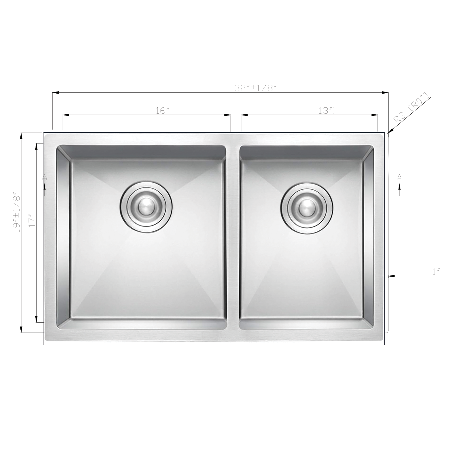 DAX 60/40 Double Bowl Undermount Kitchen Sink 32" x 18" - R10 - 18G. No Accessories Included (DX-T3219-R10-X).