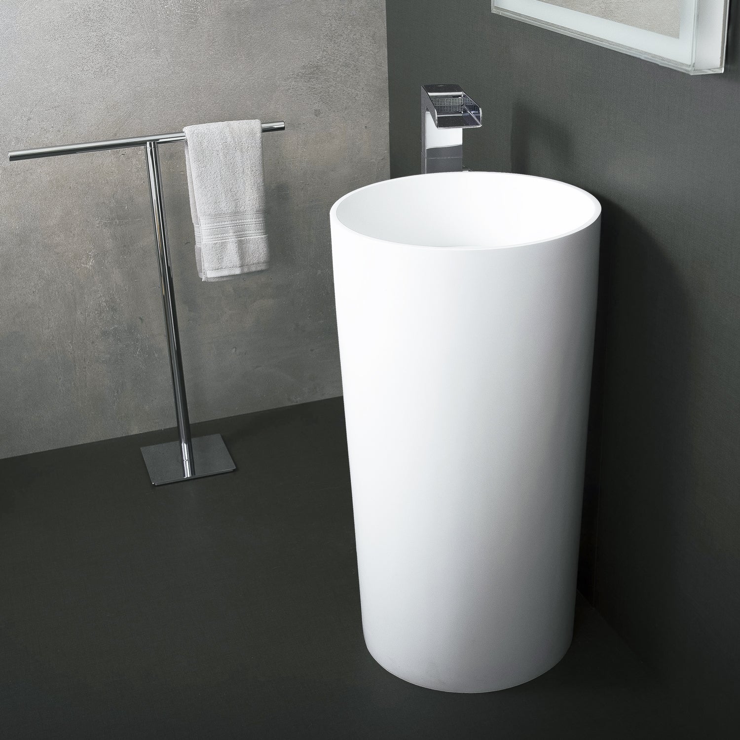 DAX Solid Surface Round Pedestal Freestanding Bathroom Sink, White Matte Finish, 17-3/4 x 17-3/4 x 32-7/8 Inches (DAX-AB-1381)