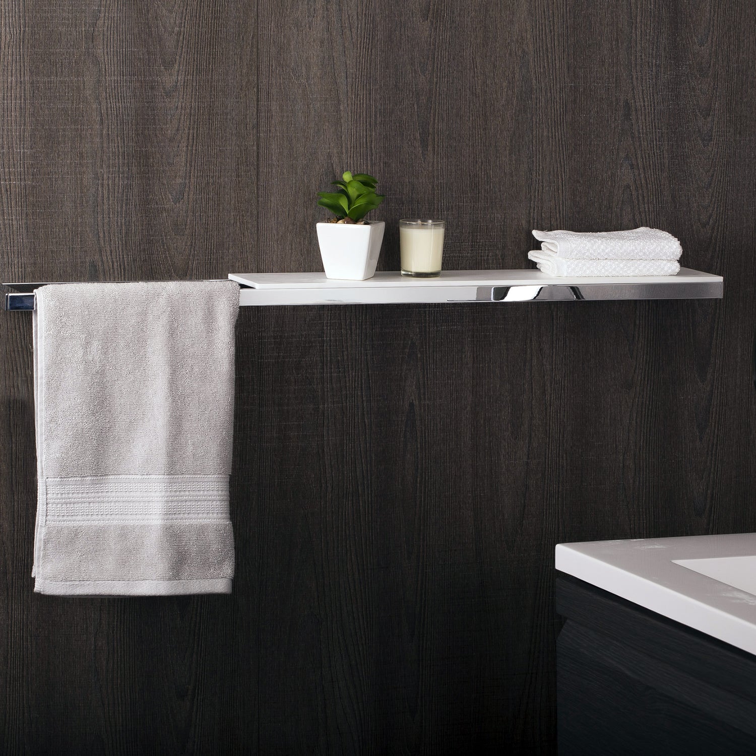 COSMIC Bathlife Estante de baño, montaje en pared, cuerpo de latón con vidrio transparente, acabado cromado, 35-7/16 x 13/16 x 4-3/4 pulgadas (2290170)