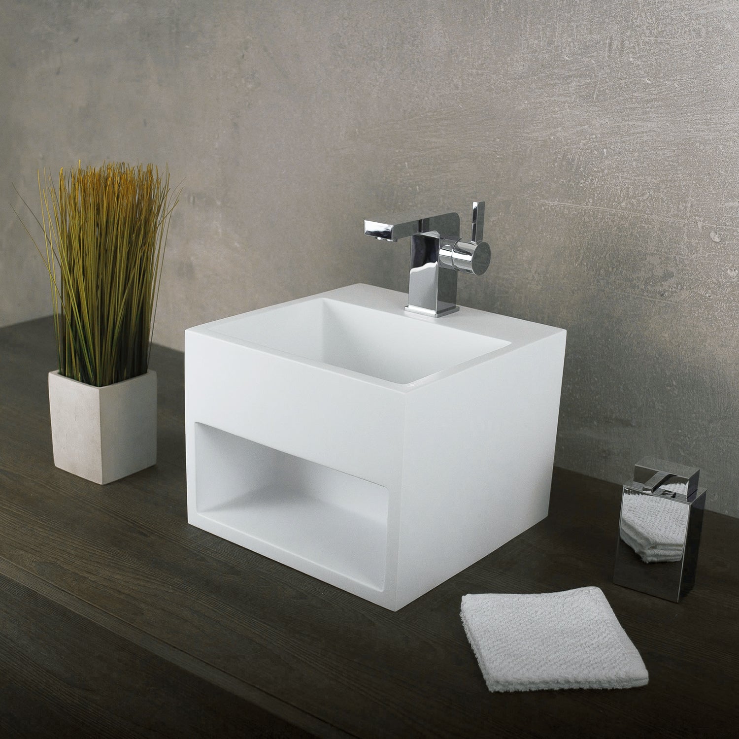 DAX Solid Surface Square Single Bowl Bathroom Sink Cabinet, White Matte Finish, 12-4/5 x 12-4/5 x 9-7/8 Inches (DAX-AB-1360)