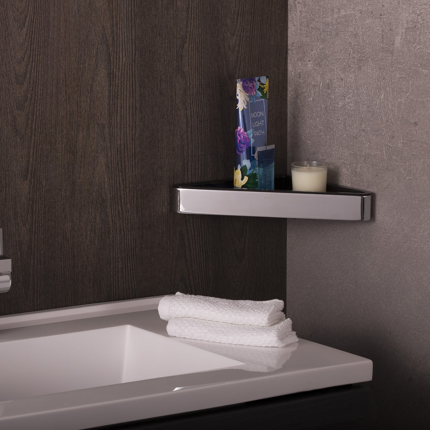 COSMIC Extreme Corner Bathroom Shelf, Wall Mount, Plastic, Chrome - Matte Black Finish, 8-3/4 x 1-9/16 x 8-3/4 Inches (2516150)