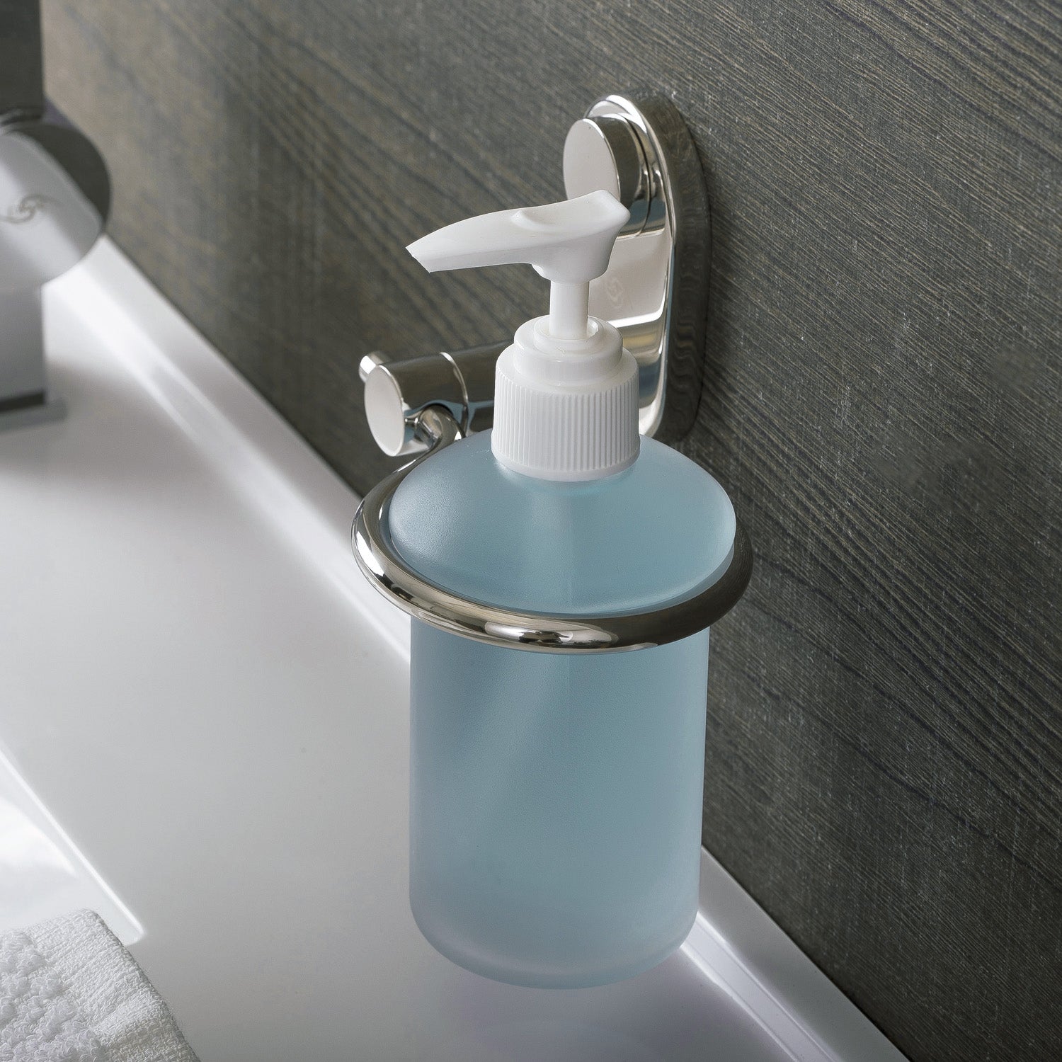 DAX Stainless Steel Soap Dispenser with Glass Bottle, Wall Mount, Satin Finish, 6-1/2 x 4-1/8 x 4-15/16 Inches (DAX-G0213-S)