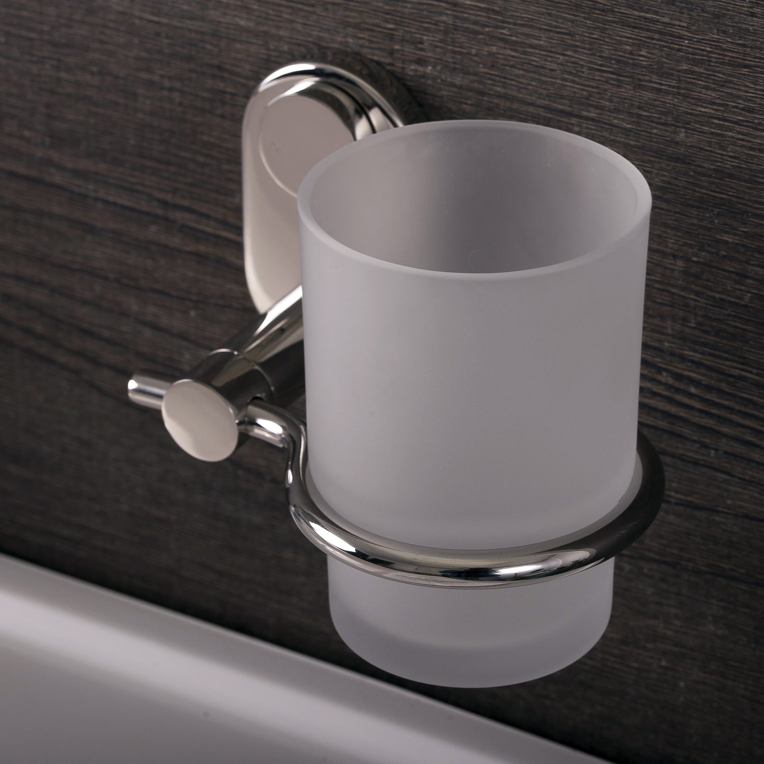DAX - Soporte para cepillo de dientes de vaso individual para baño, montaje en pared de acero inoxidable con vaso de vidrio, acabado satinado, 4-5/16 x 3-3/4 x 4-1/8 pulgadas (DAX-G0206-S)